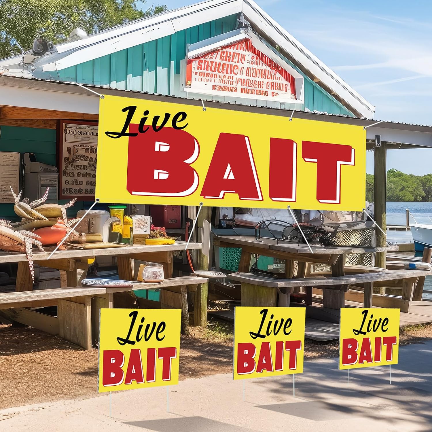 Novabright 4 Pcs Live Bait Banner Sign Kit Include 2x6 Feet Live Bait Banner 3 Pcs Yard Signs Double Sided with Ground Stakes for Business Fishing Gear Stores Docks Stand Yard Lawn Decor