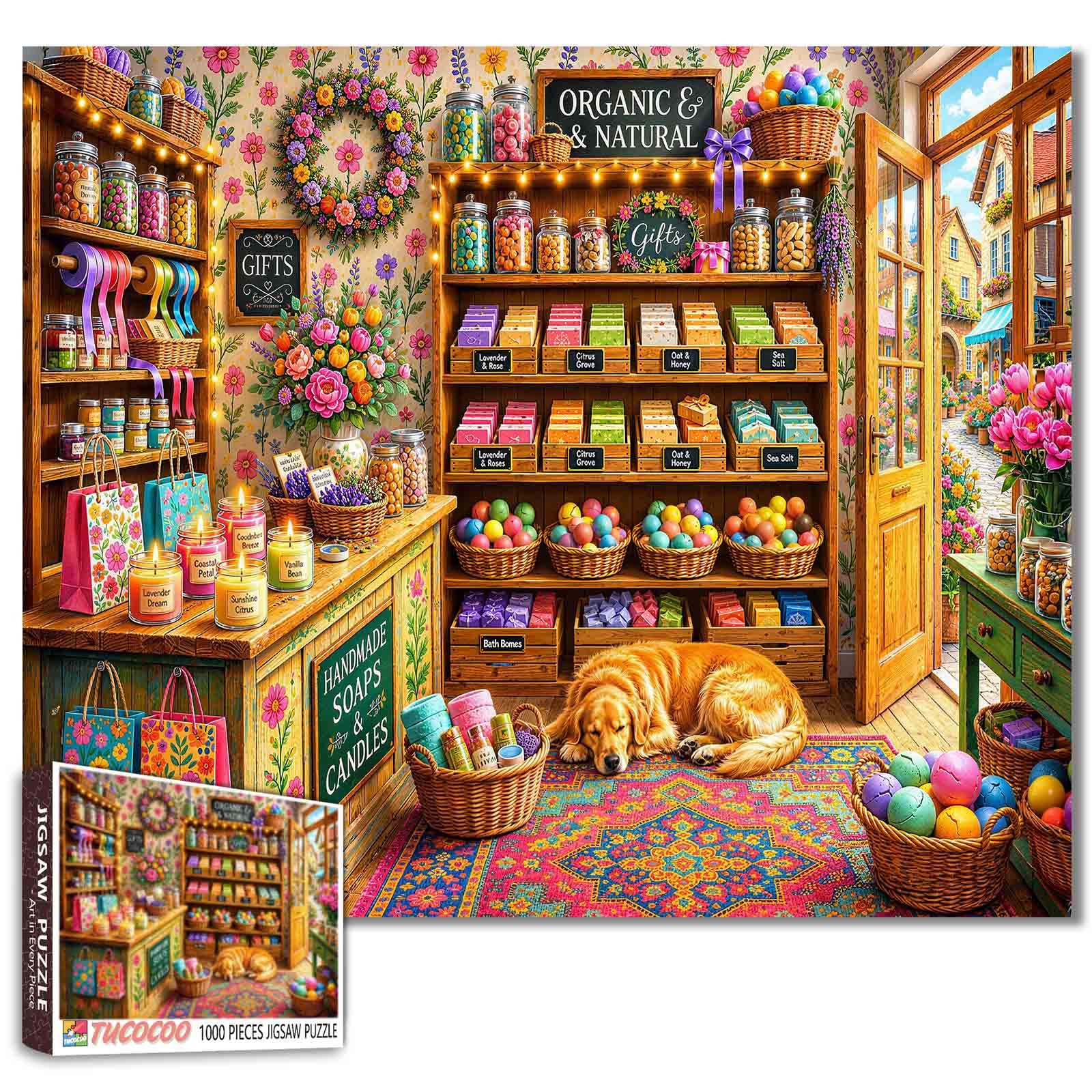 Soap & Candle Shop1000 Piece Jigsaw Puzzles for Adults Cottagecore store Jigsaw Puzzle for Challenging Family Activity Game Golden retriever Artwork Puzzle for Home Decor Unique Gifts 19.7"x27.6"