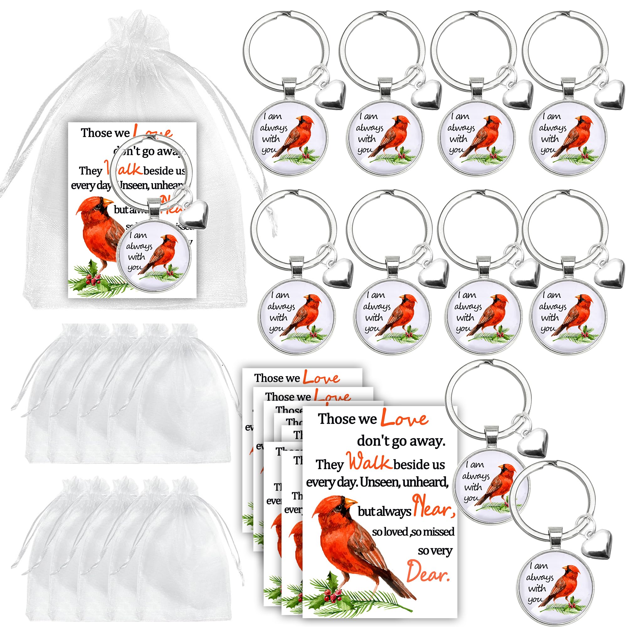 10 Set Cardinal Keychain Bulk Metal Red Bird Cardinal Key I Am with You Always Poem Cards White Organza Bags Funeral Gifts Grief Gifts Sympathy Gifts for Condolence Remembrance Bereavement