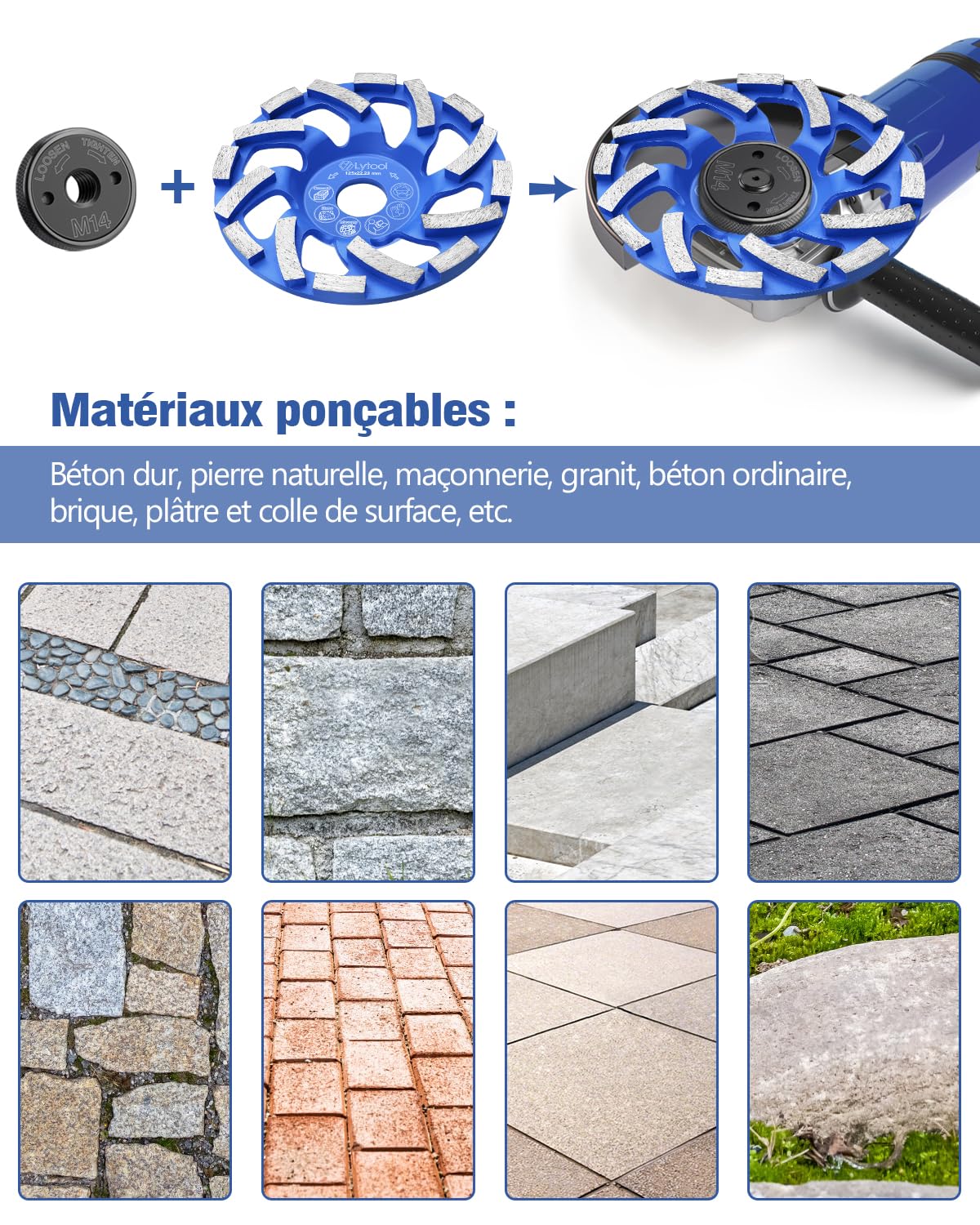 Lytool Disque Diamant 125 mm à Meuler le Béton, Disque Poncage 125mm | à Poncer Béton, Pierre, Granit, Maçonnerie, Disque Diamant 125 Carrelage Abrasif Meule,Meule Boisseau diamantée 125 mm