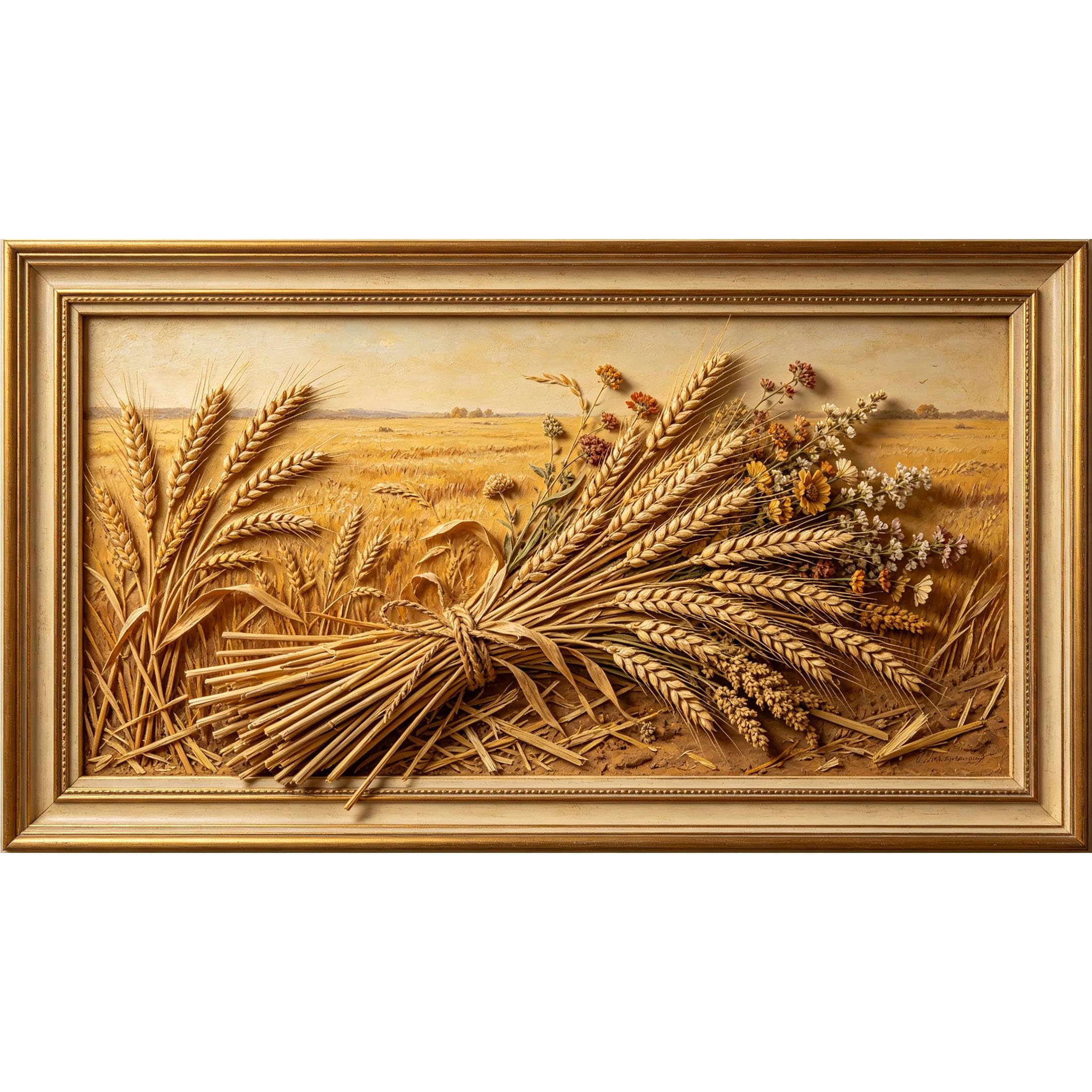 QZLITHOTIC 50x90cm3D Framed Wall Art， Rustic Wheat Field Botanical Harvest Self‑Adhesive Mural， Water‑Activated Peel & Stick Fabric Decor Wall Decal for Bedroom Living Room