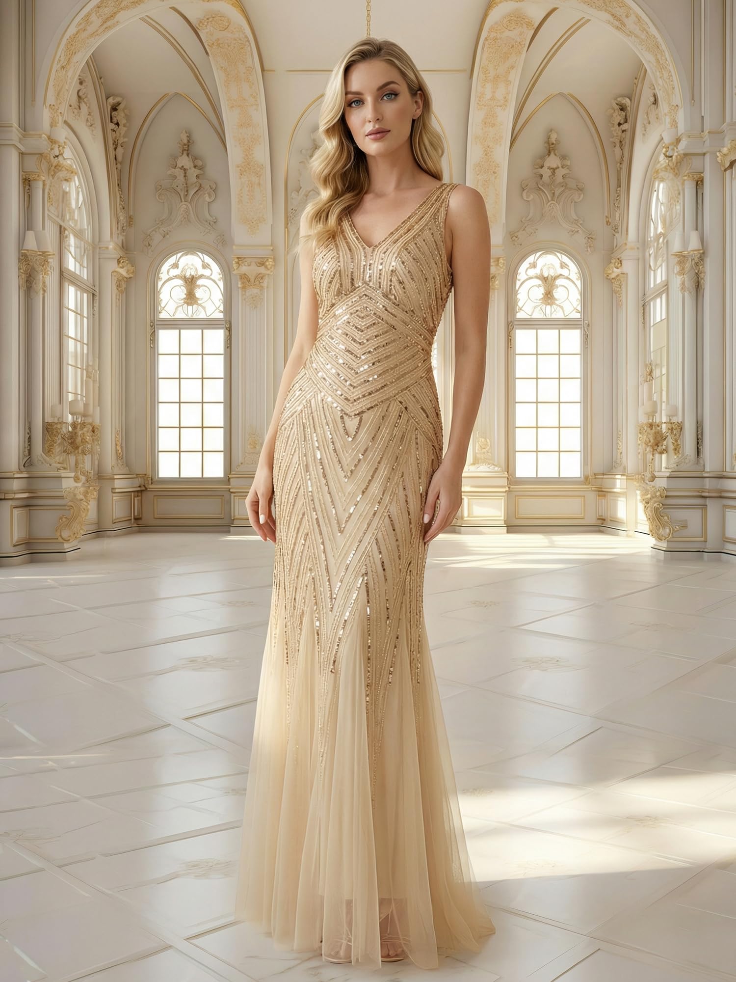 Ever-Pretty Abito Cerimonia Donna Collo a V Senzamaniche Paillente Maxi Gonna a Sirena EE02679
