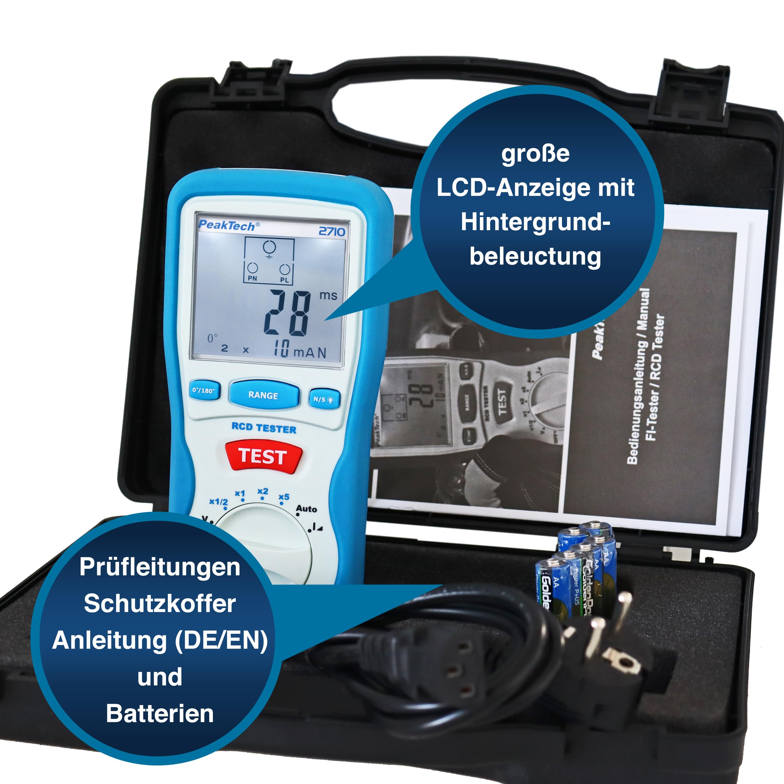 PeakTech P 2710 – Digitaler FI Tester für Auslösecharakteristik 230V/50hz mit LCD-Display, Steckdosentester mit RCD-Prüfung – Mit Fehlerstrom Schutzschalter & doppelt isoliertem Gehäuse – CAT III 600V