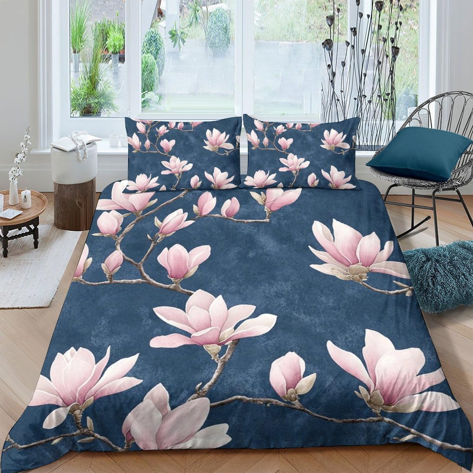 Ctjqhvkz Style-2 3D Printed Magnolia Blossom Fitted Sheet Microfiber Floral Navy Bed Cover Anti-Slip Machine Washable Bedroom Decor Single（135X200cm）