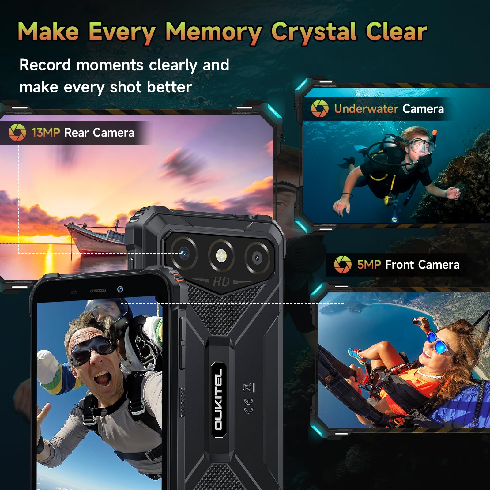 OUKITEL G3 Rugged Smartphone, 16GB+256GB/1TB Telefono Indistruttibile, 6300mAh Batteria, 6.0" Cellulare da Lavoro, 13MP+5MP Fotocamera, Android 14, 4G Dual SIM/IP68/IP69K/GPS/OTG/FACE ID/3.5mm Jack