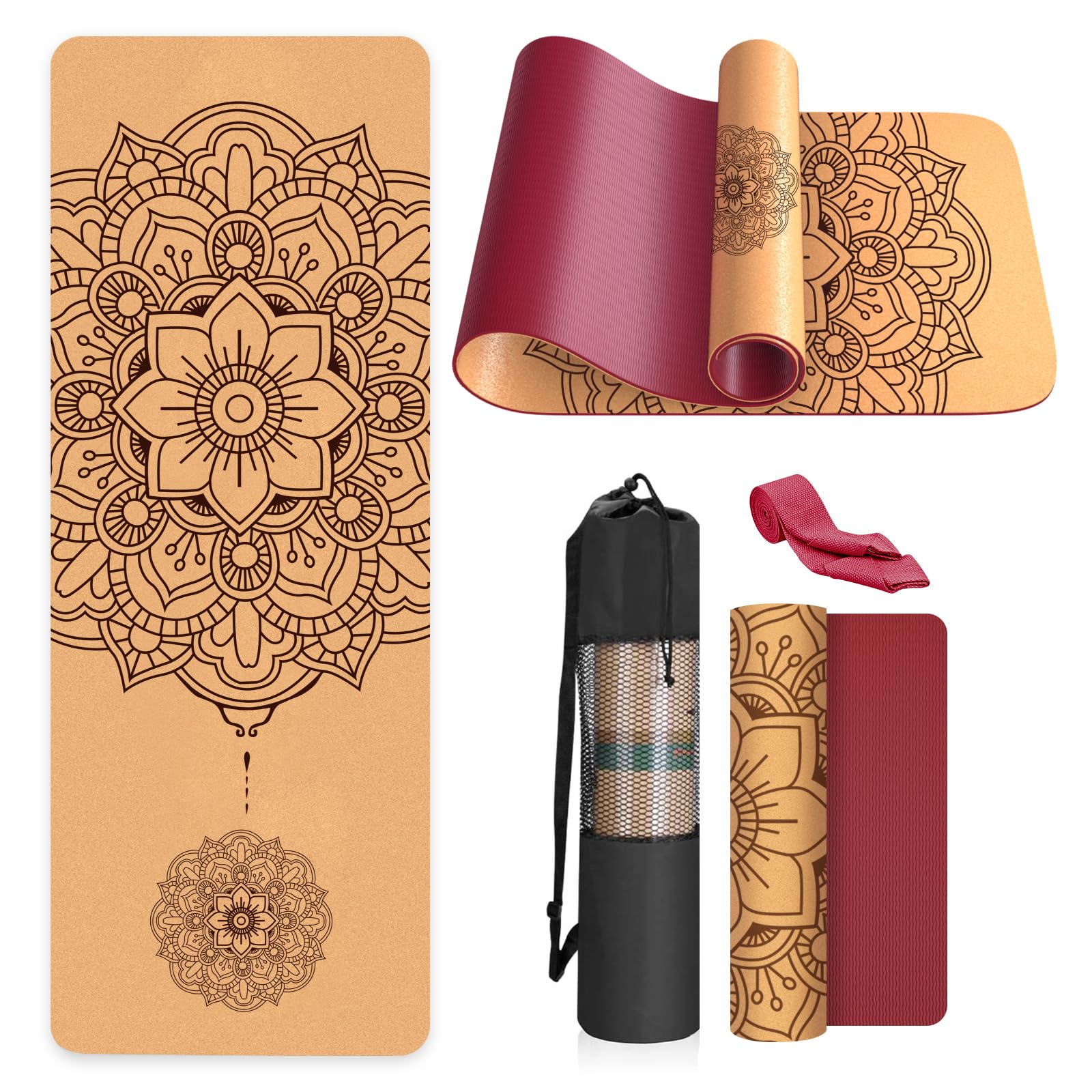 Haninj® Yogamatte Kork – Rutschfeste Yoga Matte, Einzigartiges Design, Naturkautschuk TPE Gymnastikmatte, Trainingsmatte mit Tragetasche & Gurt, für Zuhause, Pilates, Aerobic Fitnessstudio und Workout