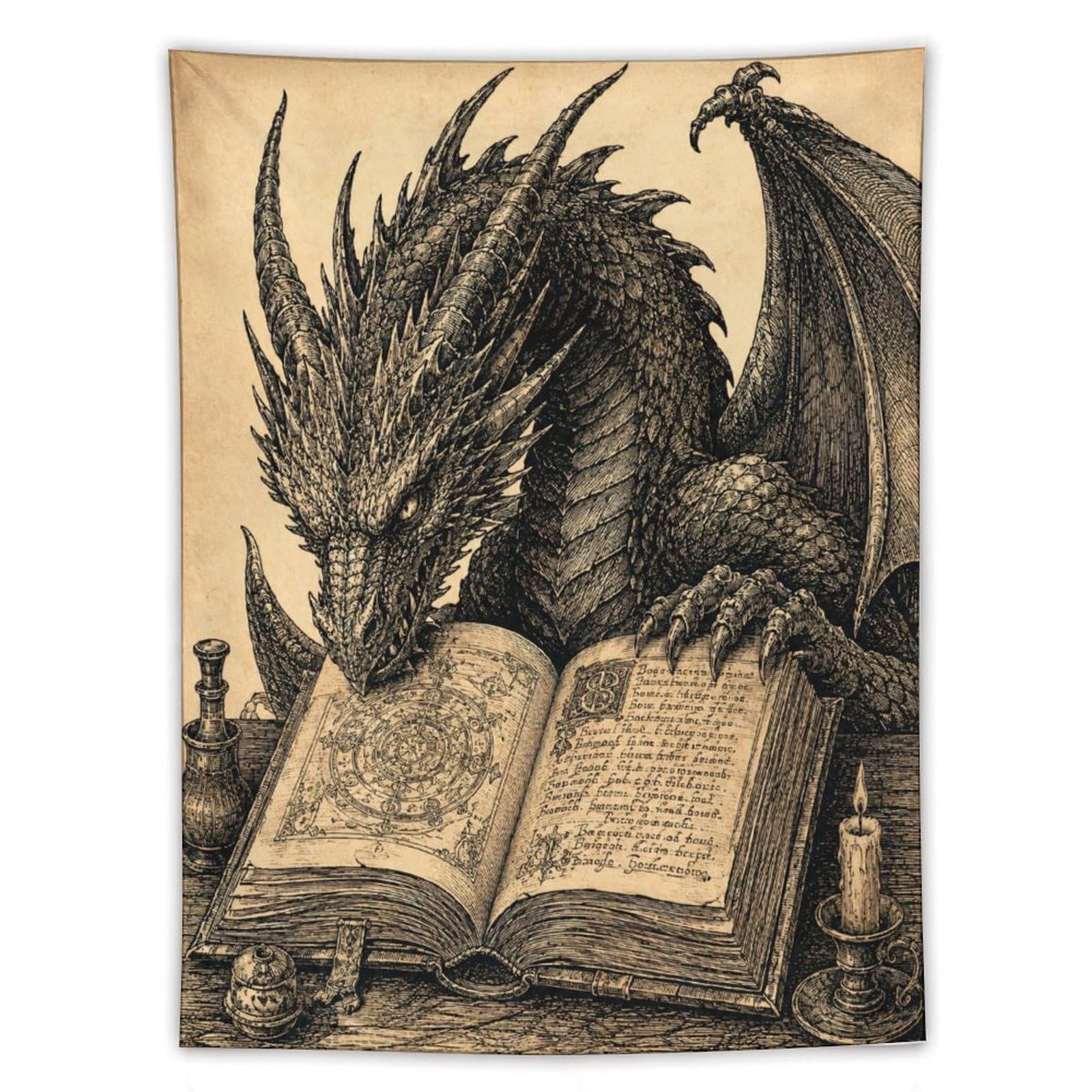 H3B8U2Y5 Dragon Reading Book Wall Tapestry, Surrealist, College Dorm