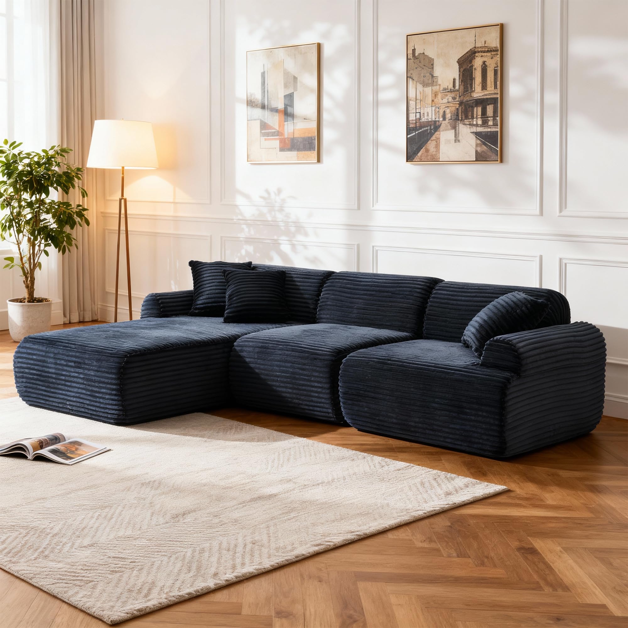 KEIKI 2Seat Modular Boneless Sectional Corduroy Sofa Couch with Chaise for Urban Loft Home Office Family Friendly Urban Professionals Cozy Warm Perfect for Entertaining Refined Design Black