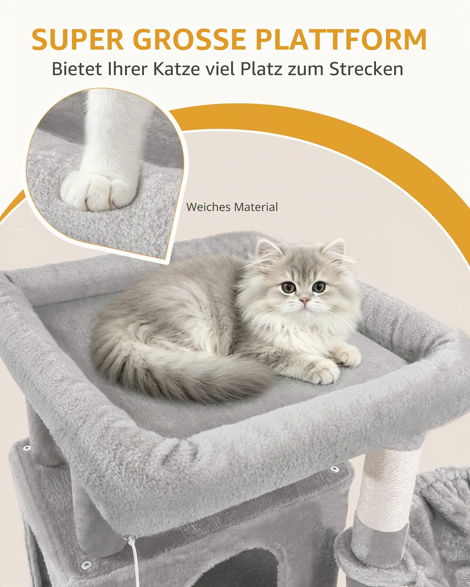 Hzuaneri Kratzbaum, 201 cm XXL Katzenbaum mit 9 Kratzsäulen, 2 Höhlen, 2 Hängematten, Große Plattform, Sisalseil, Korb, Schwerer Kratzbaum für Maine Coon, Große Katzen, Hellgrau 8320018LG