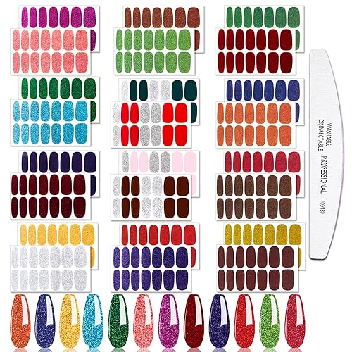 Miniatura 1 de JERCLITY 24 hojas de tiras de esmalte de uñas de color sólido con purpurina con lima de uñas, calcomanías autoadhesivas de uñas completas para