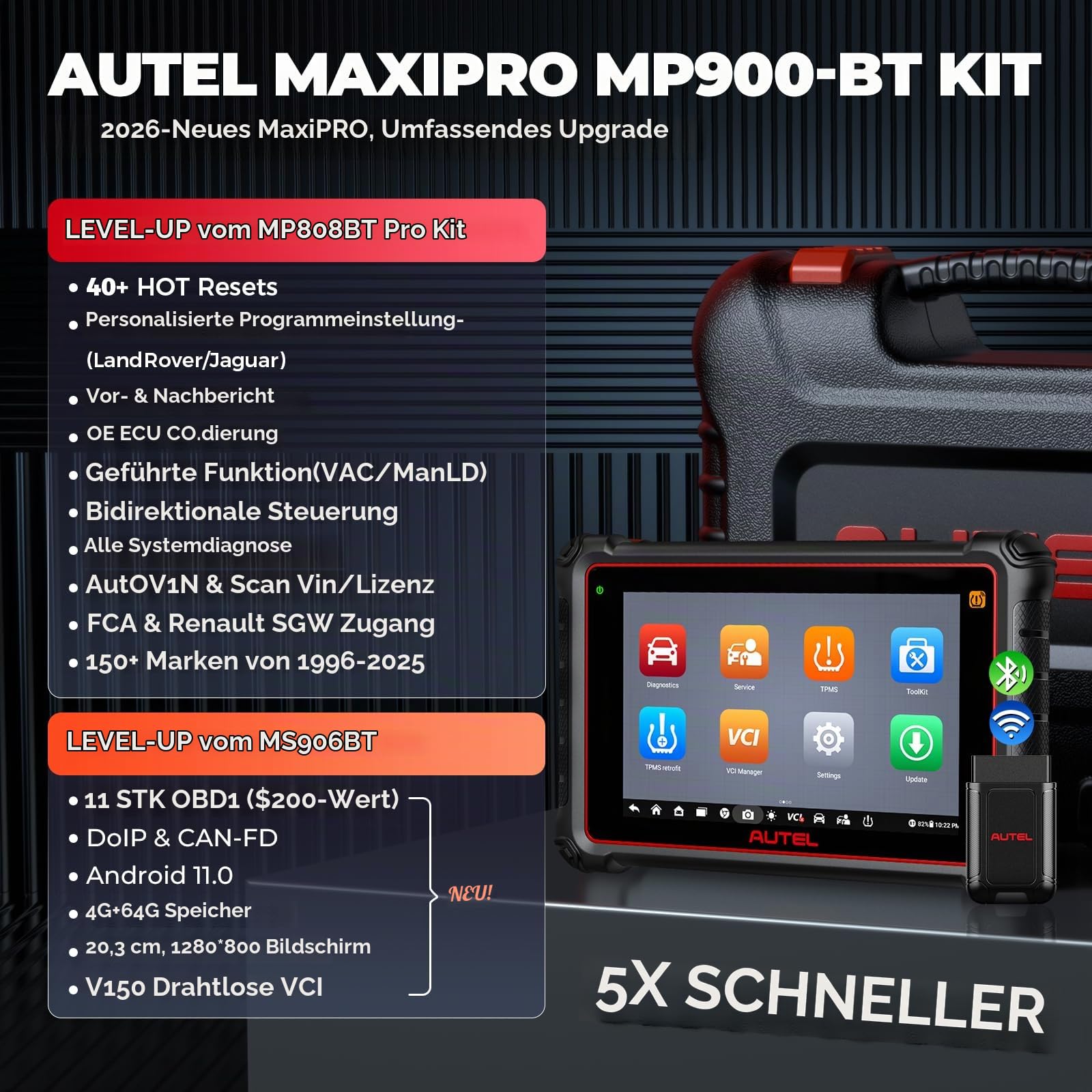 Autel MaxiPRO MP900-BT KIT Diagnosegerät Auto: 2026 ECU Codierung Tool Up von MP808S MP808BT PRO MP900-BT, 3000+ Bidirektionaler Tests, 40+ Servicefunktionen, mit 11 OBD-Kabel (200€), CAN FD & FCA SGW