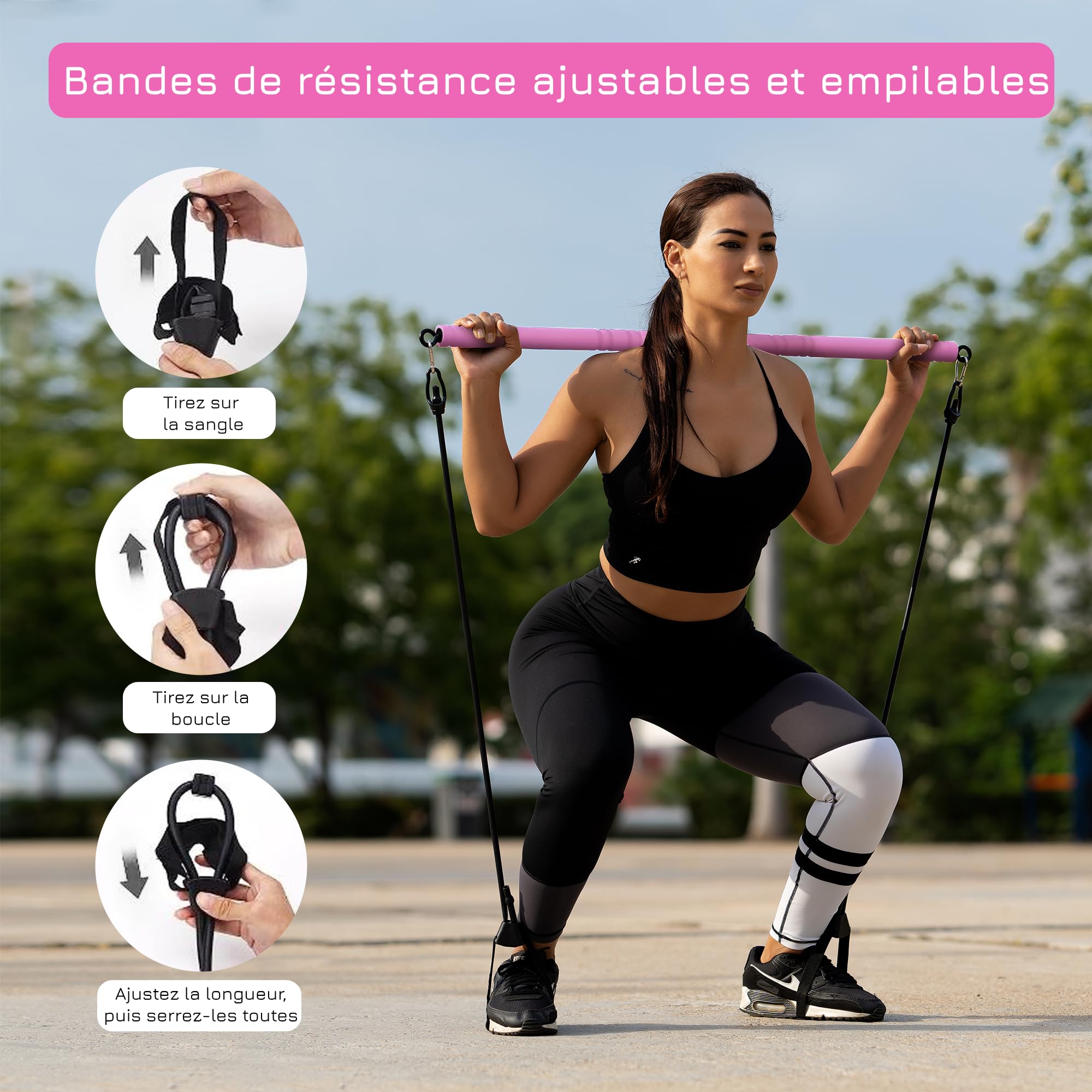 Breaking Limits Ensemble de Barres de Pilates Réglable avec 6 Bandes de Résistance pour Entraînement Complet du Corps