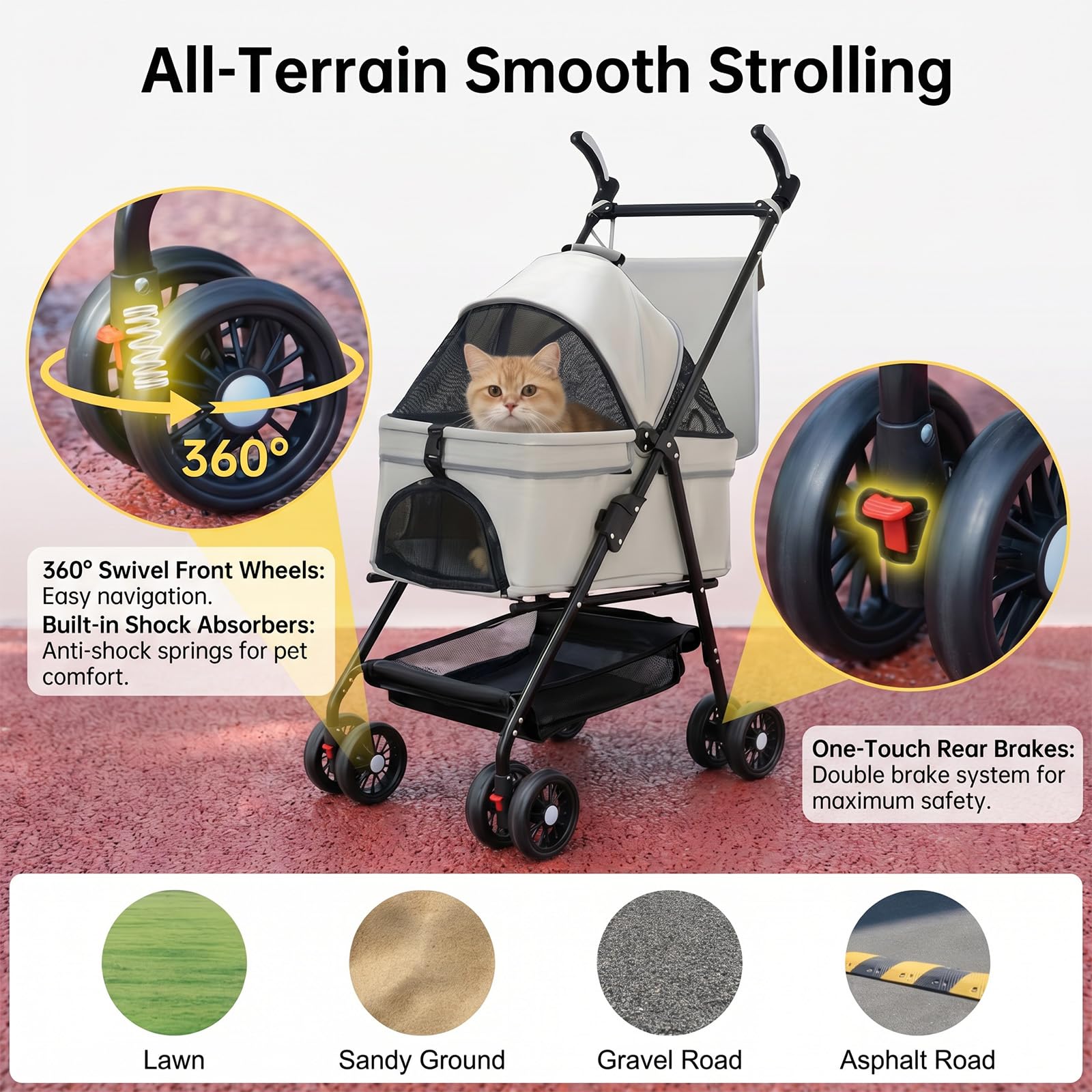 Cochecito para perros plegable hasta 20 kg, 3 en 1 con cesta de almacenamiento extraíble para perros pequeños y gatos, carrito para perros con ruedas giratorias de 360 ° y ventanas de red, cochecito