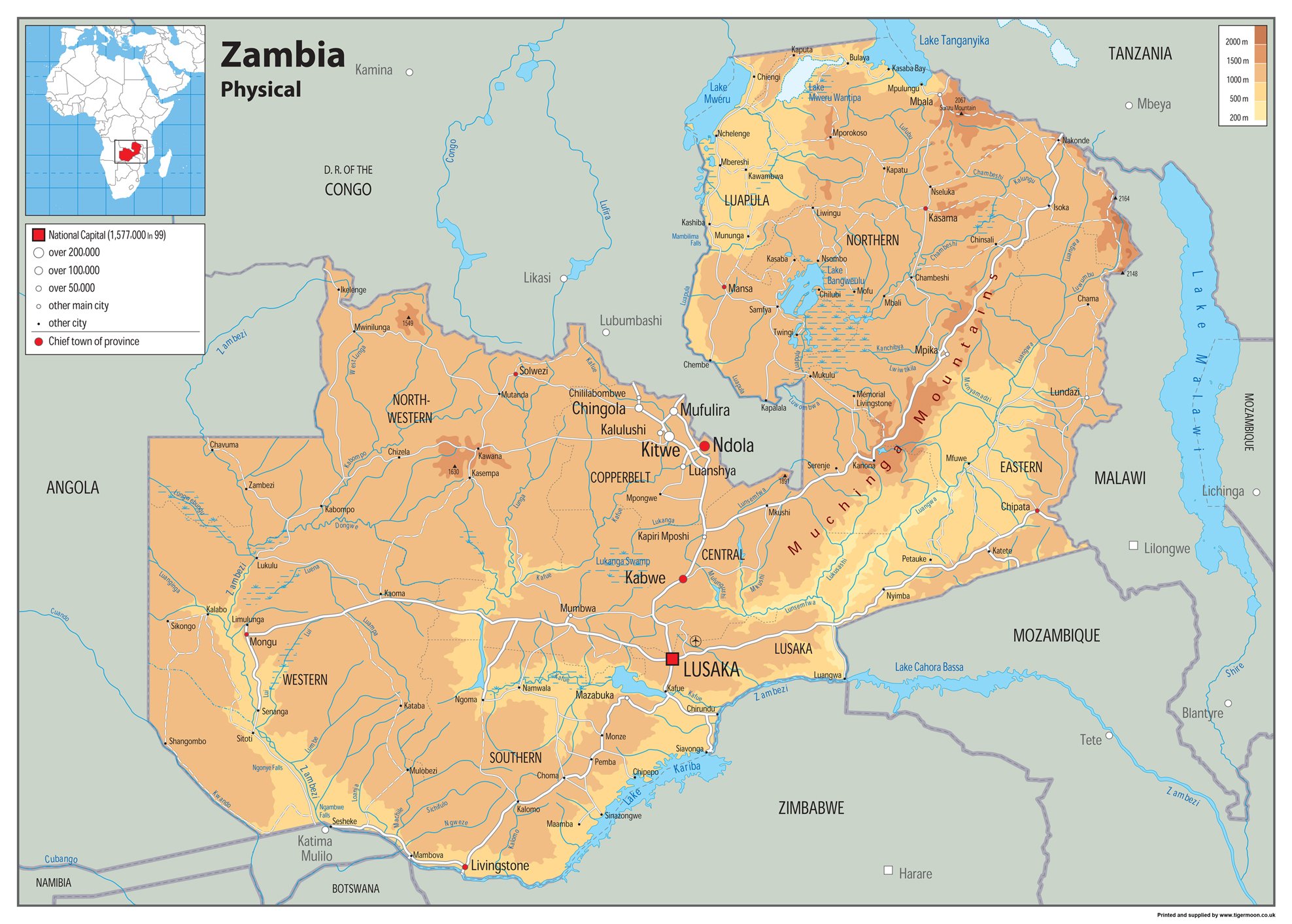 Physical Map of Zambia - Size A1-59.4 x 84.1cm - Paper Laminated