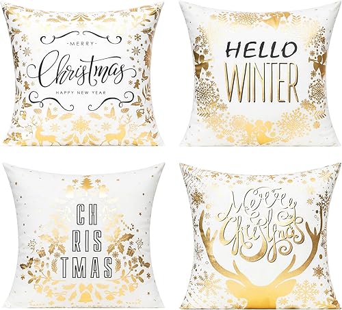 Juego de 4 fundas de almohada de Navidad de color oro blanco de 18 x 18 pulgadas, copos de nieve de árbol de reno, adornos de Navidad, decoración de