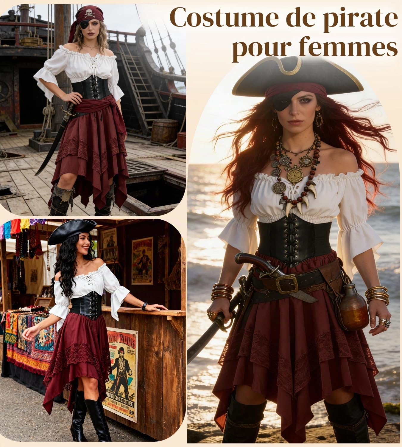 Costume Femme Pirate Médiéval Gothique Ensemble Robe Médiévale avec Chemise Blanche & Ceinture, Tenue Renaissance pour Carnaval, Mardi Gras, Halloween & Fête Médiévale