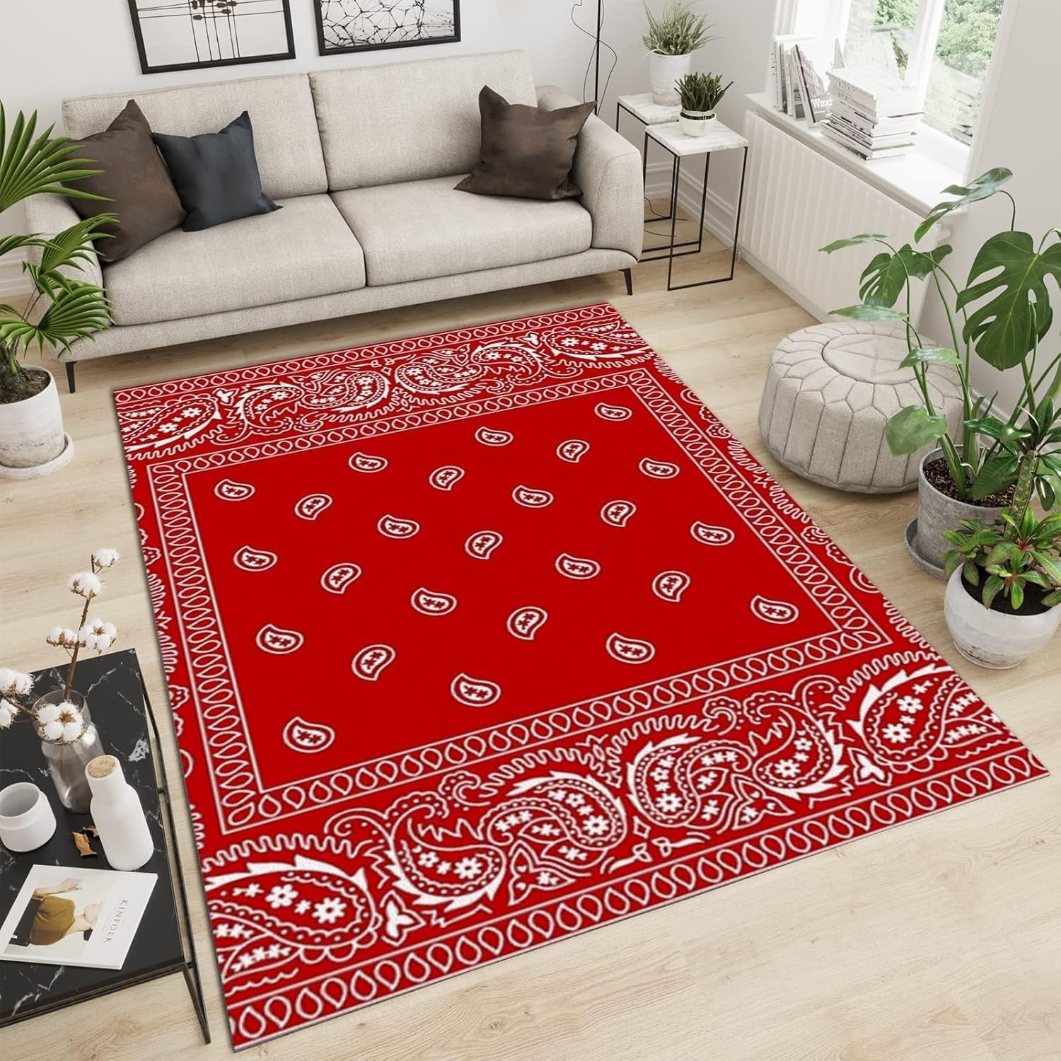 Red Damascus Style Area Rug, Cashew Nut Pattern Washable Carpet, Indoor Non-Slip Kids Rugs, Machine Washable Breathable Durable Carpet for Front Entrance Floor Decor（2x3ft）