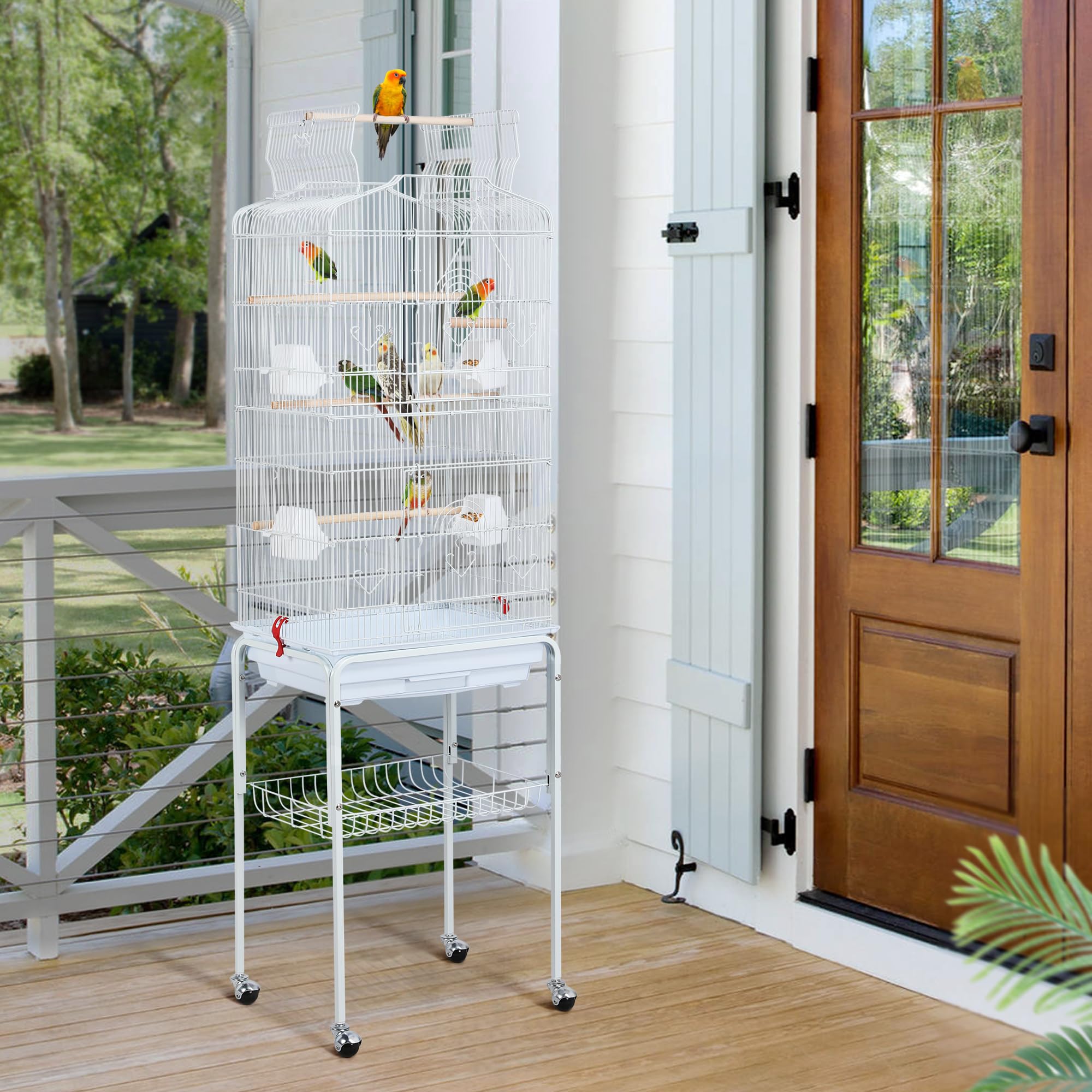 Yaheetech Gabbia Voliera per Uccelli Pappagalli Inseparabili Calopsite Parrochetti in Metallo con Piedistallo Ruote e Tetto Apribile 46 x 35,3 x 150,6 cm Bianca