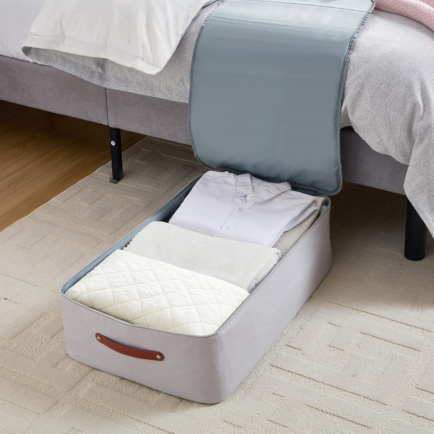 Premium Under Bed Storage – Large Underbed Storage with Lids, All-Side Padded & Fully Lined Inside for Clothes, Bedding, Shoes - Foldable, Double Zippers, Faux Leather Handles, 28x17x8 in, Light Grey