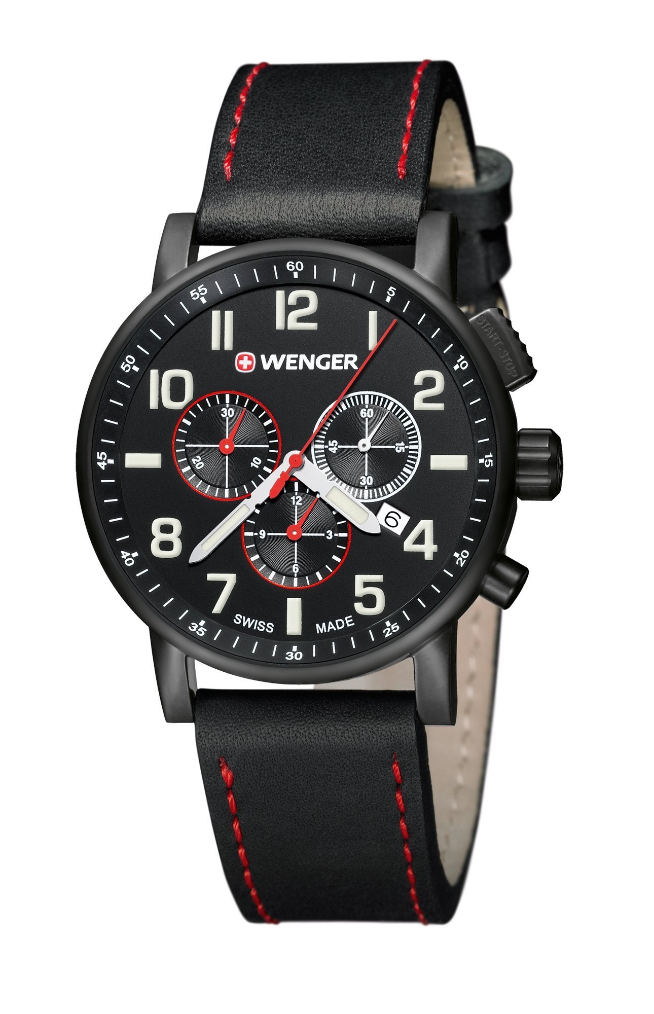 WENGER Attitude Chrono Analogue Black Genuine Leather Strap with Red Sawings Mens Watch (B015WJQO3K) Amazon Price History, Amazon Price Tracker