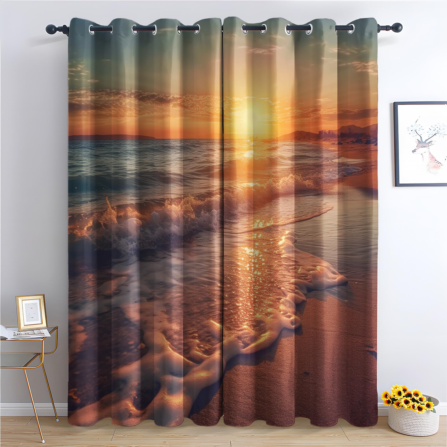 QEODAH Beach Curtains 213cm Drop, Ocean Seaside Tropical Sunset Coastal Patterned Blackout Curtains for Bedroom, Living Room Decor, Soft Thermal Insulated Eyelet Drapes for Windows - 2 Panels