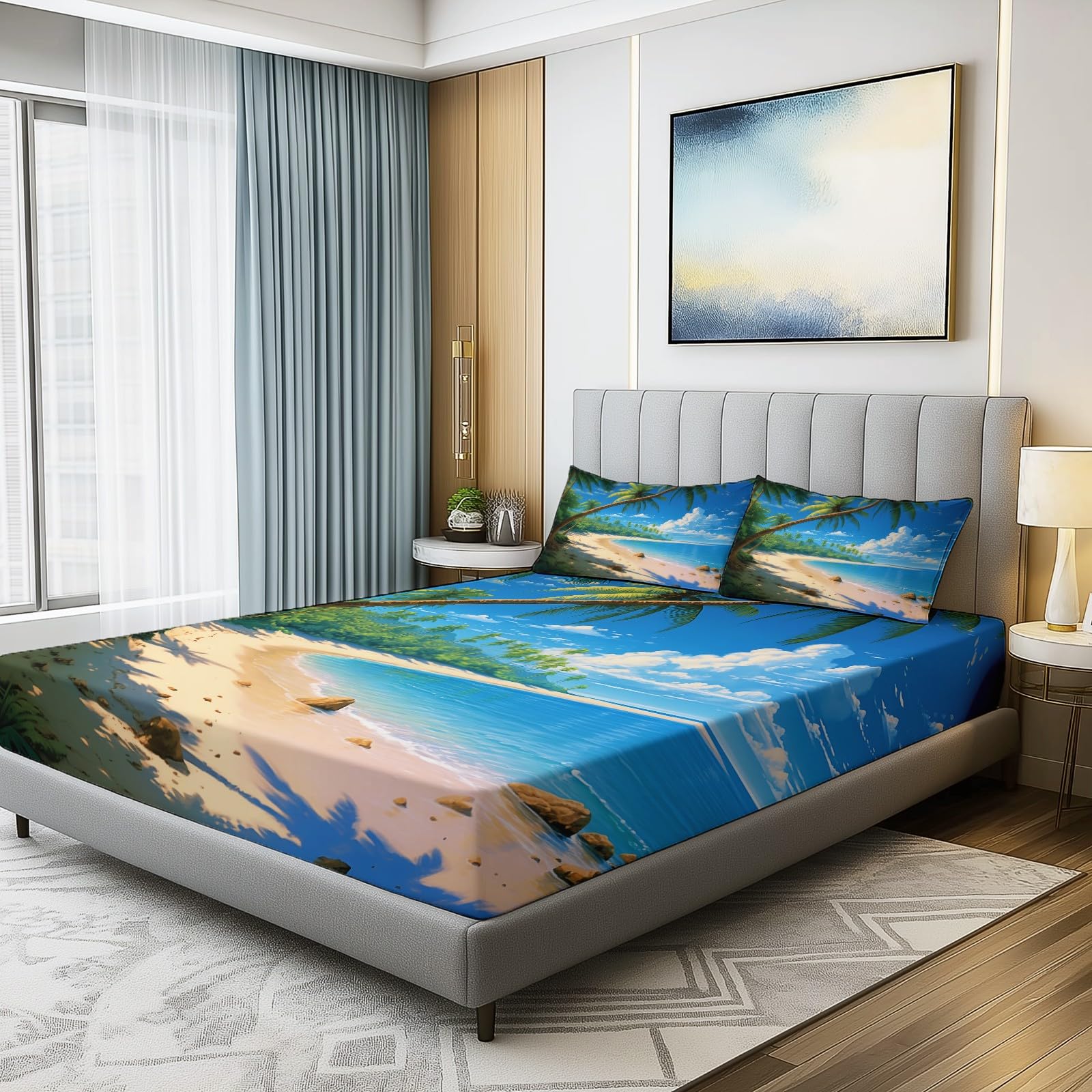 Completo letto Matrimoniale con lenzuolo sopra morbido e confortevole (160x190x30 cm) e 2 federa, motivo Spiaggia Palme Palme Da Cocco, in microfibra spazzolata 100%, senza rughe e anallergico, Blu