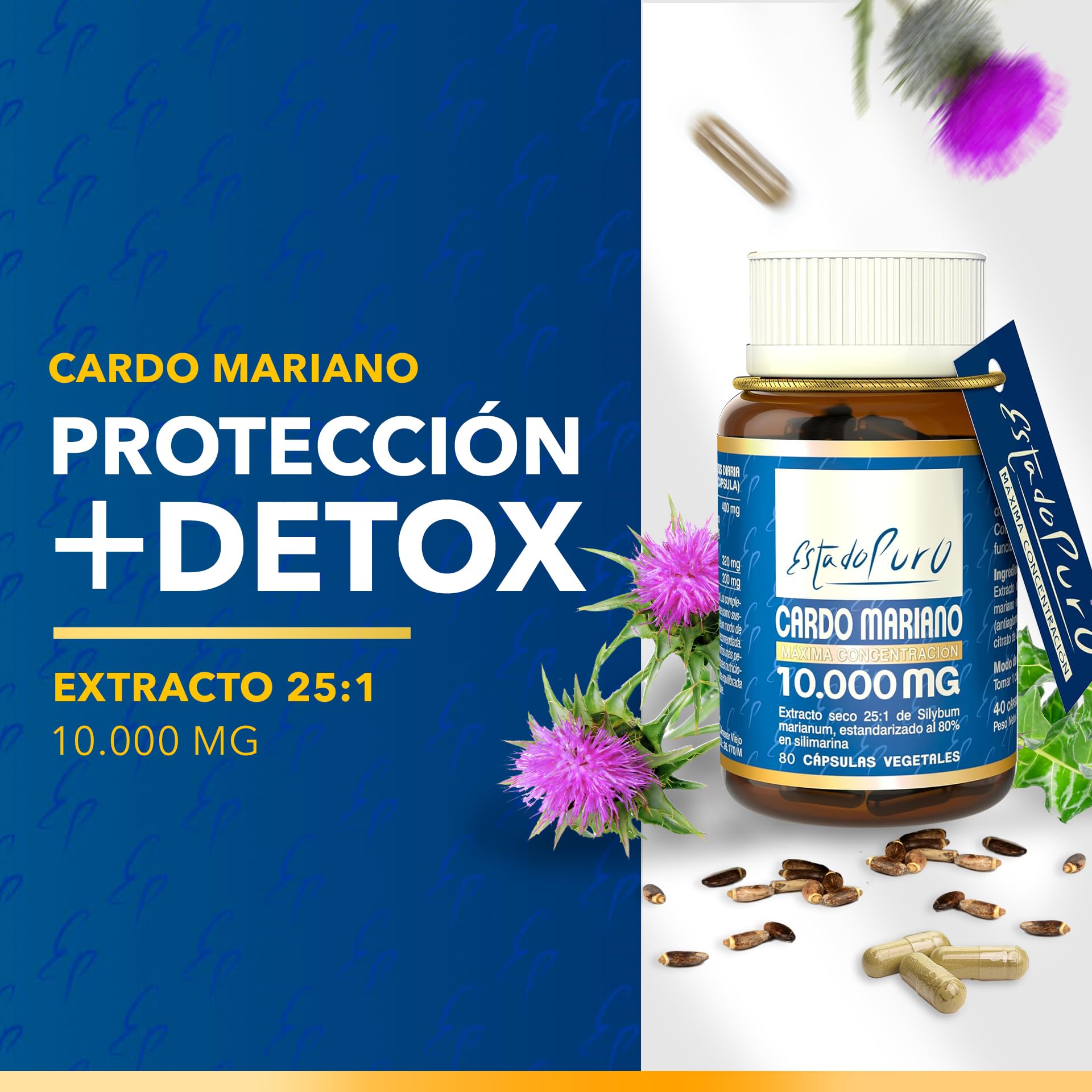 Cardo Mariano Estado Puro 10000 mg | Extracto de Semillas Concentrado 25:1 con 80% Silimarina y Colina | Apoyo para el Hígado, Limpieza y Detox | 80 Cápsulas de Tongil
