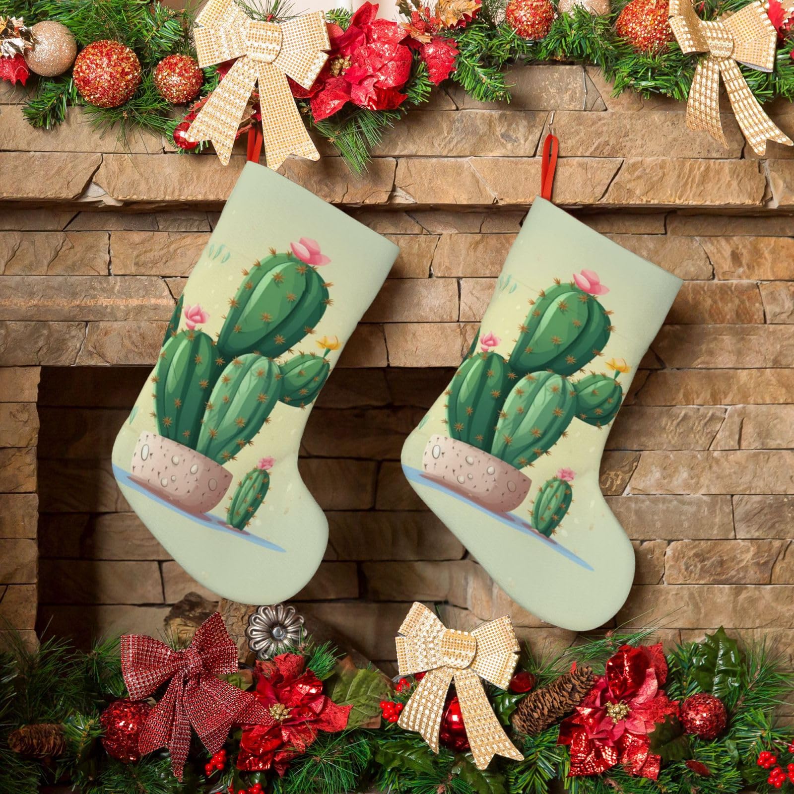 KLOPH Christmas Stockings 18" Personalized Xmas Stocking Cute Cactus Decoration Stocking Hanging Fireplace Stocking for Holiday Xmas Tree Christmas Fireplace Decor