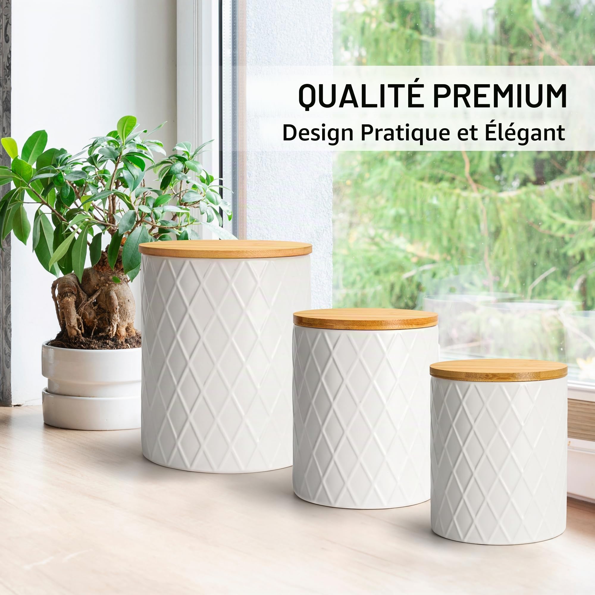 MIAMIO - Set 3 boîtes de conservation céramique - Palmanova (Blanc) | Boîtes en céramique avec couvercles en bois hermétiques pour café, thé, sucre, farine et sel