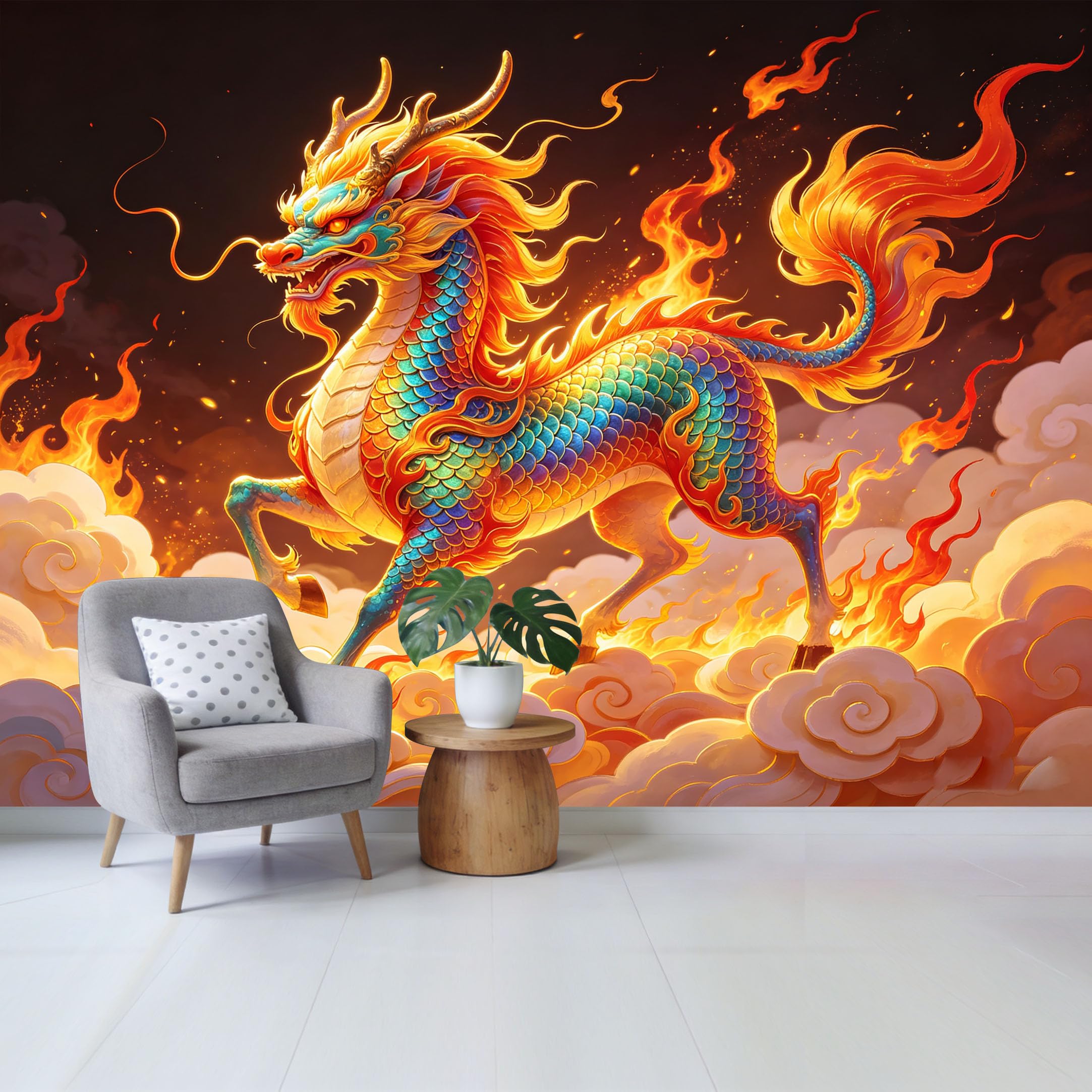 Qzlithotic Yq2605250833 Custom Size Wall Mural Mythical Fire Dragon Running Through Clouds 3D Effect Artwork Selfadhesive Wall Fabric Removable Wallpaper For Home Office Decor