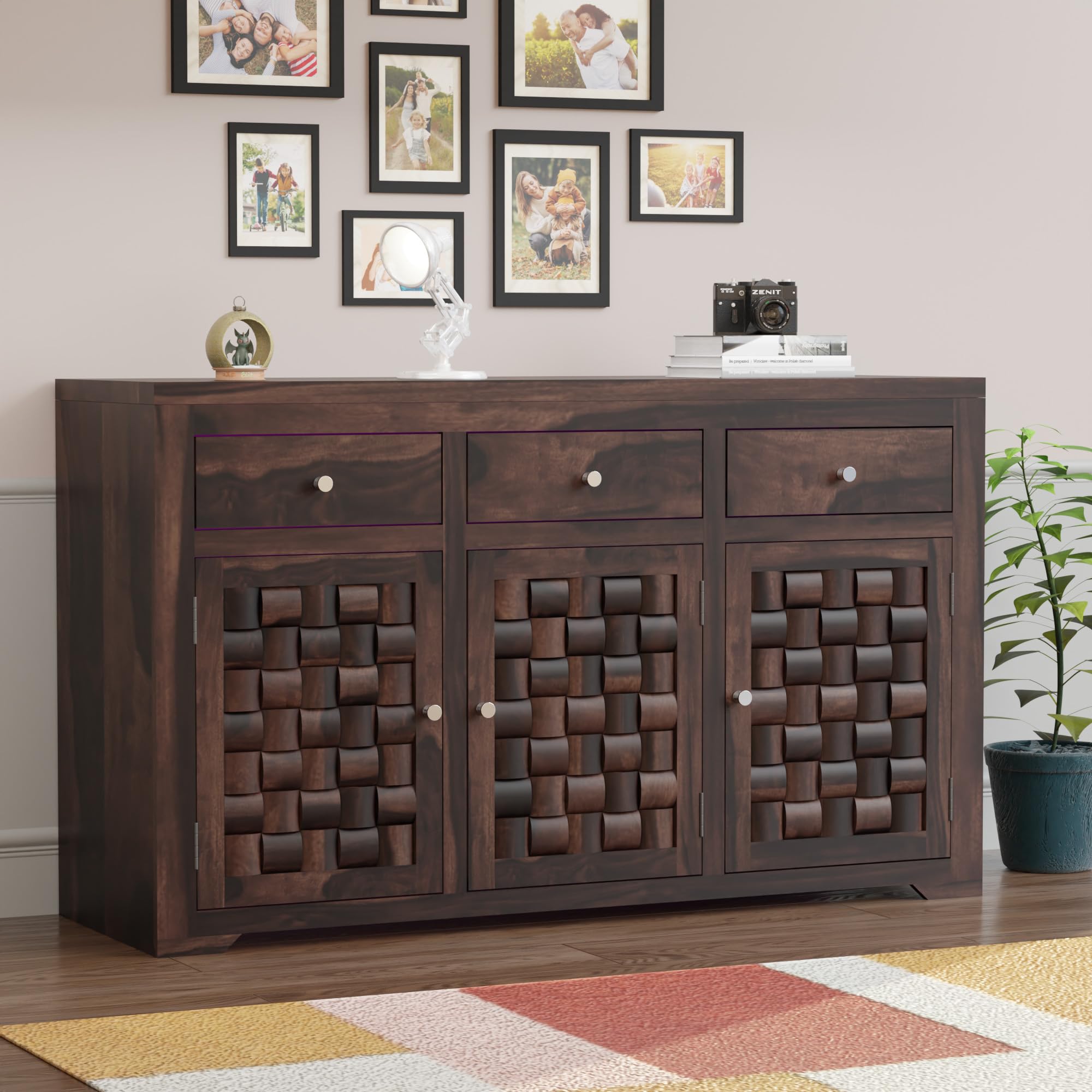 BAGARI ARTS Solid Sheesham Niwar Wood Walnut 3 Drawers and 3 Shelves Chest of Drawer, Storage Organizer Sideboard, Kitchen Cabinet, Cupboard Furniture for Bedroom, Living Room, Home & Office