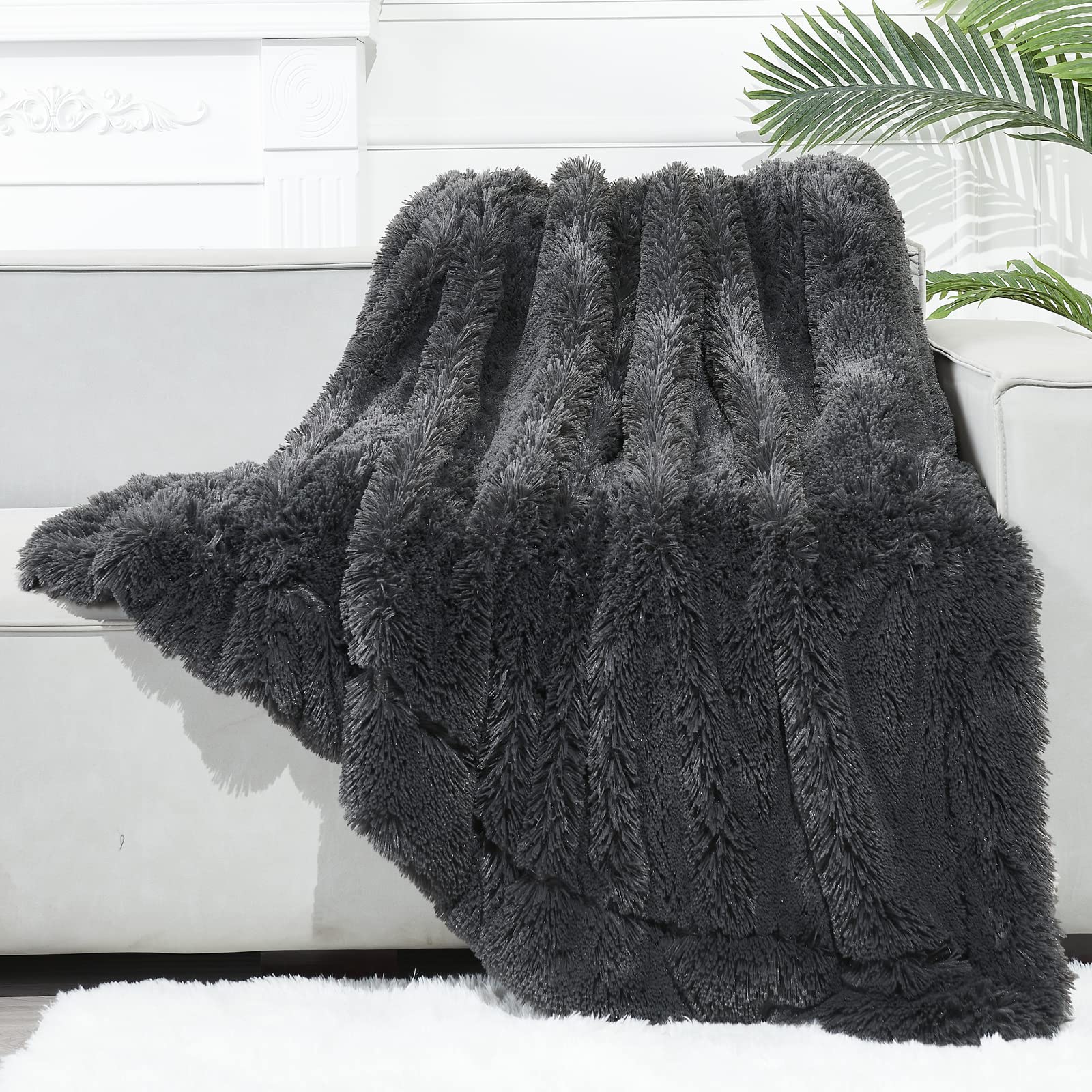 GONAAP Faux Fur Throw Blanket Super Soft Cozy Plush Fuzzy Shaggy Blanket for Couch Sofa Bed (Dark Grey, Twin(60"x80"))