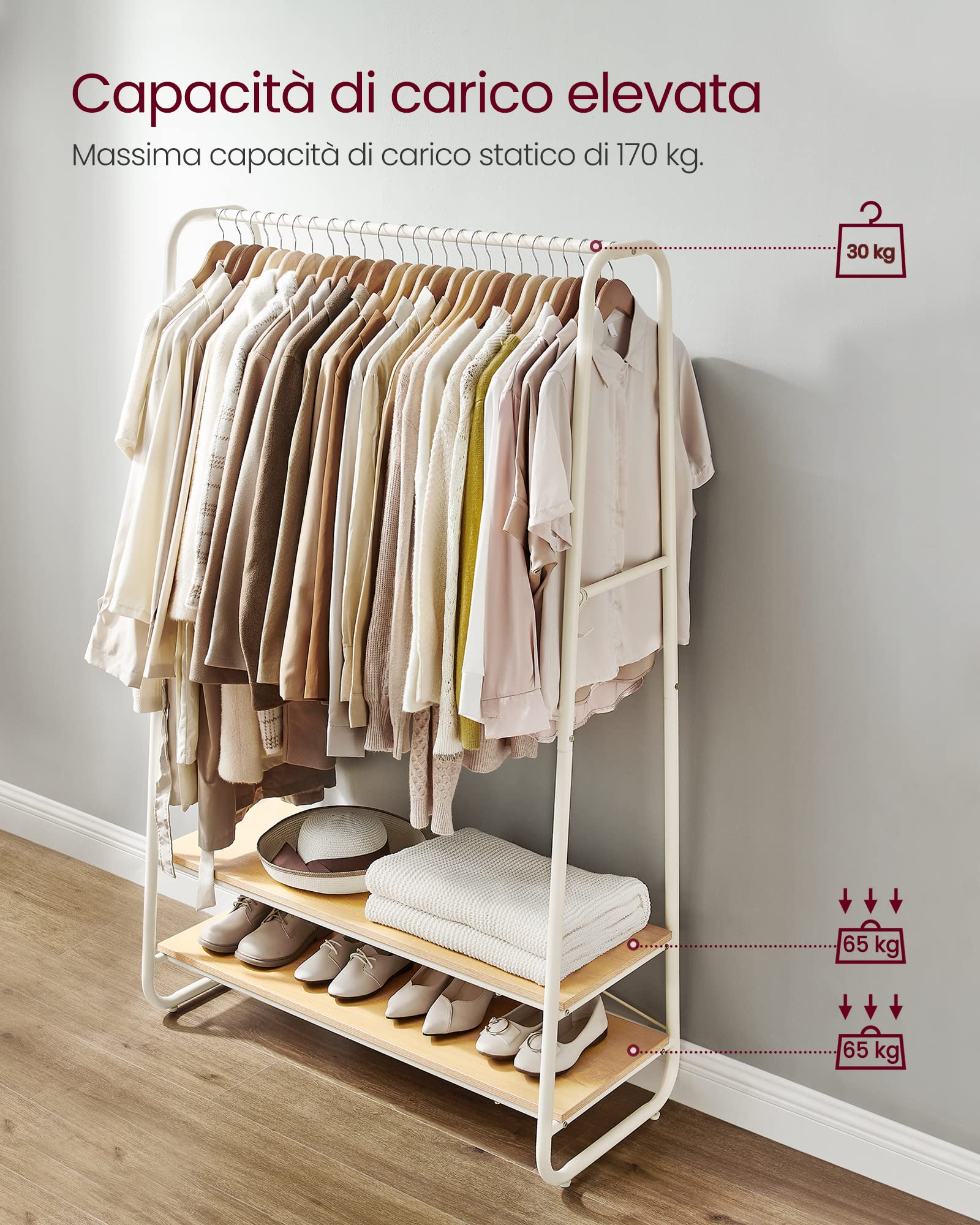 VASAGLE Stand Appendiabiti, Appendiabiti da Terra con 2 Ripiani, 6 Ganci Laterali a S, Struttura in Acciaio, 45 x 100 x 160 cm, Camera da Letto Corridoio, Rovere e Bianco Crema RGR112W09