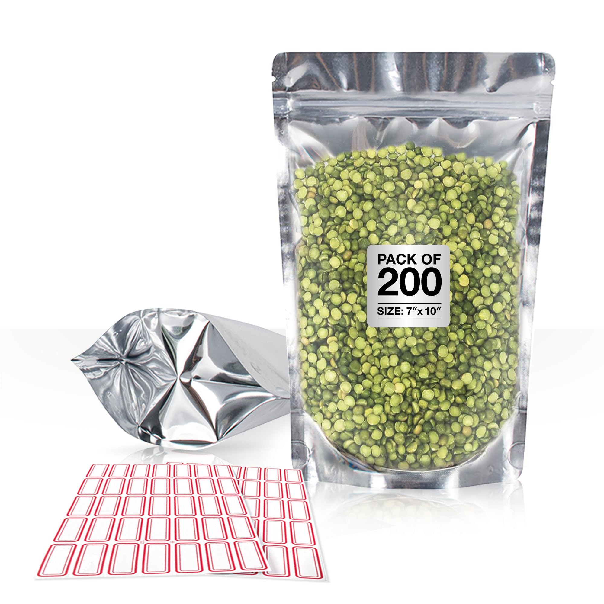 BELLE KR® 7x10 Quart Mylar Bags for Food Storage - Pack Of 200-7.5mil Thick - Gusseted Bottom - Clear Mylar Bags with See Through Window for Freeze