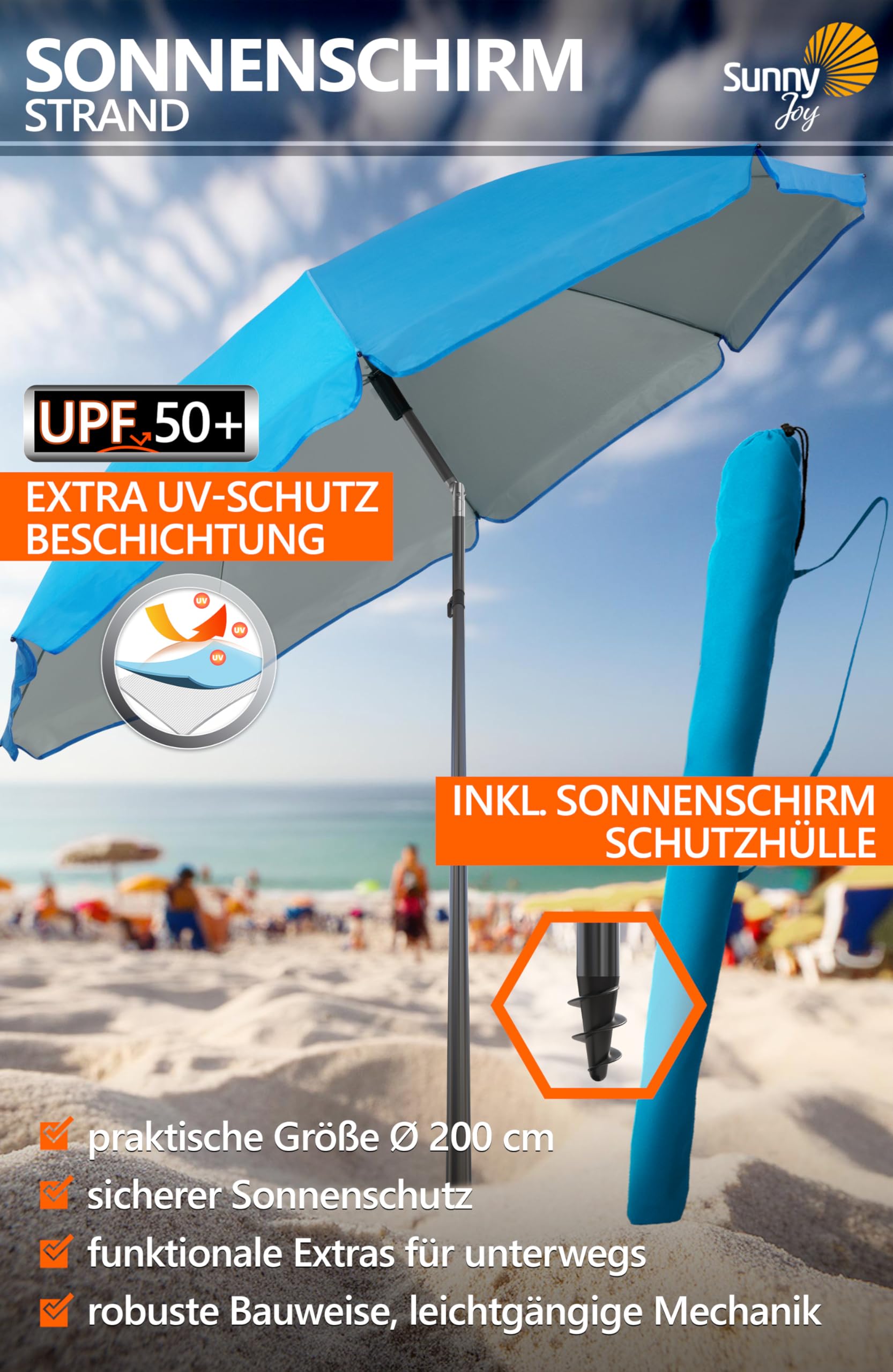 4smile Sonnenschirm Strand SunnyJoy, Blau - UPF 50+ Strandschirm Ø 200 cm, sicherer Sonnenschutz Strand, Strandschirm windfest stabil - Sonnenschirm mit Schutzhülle