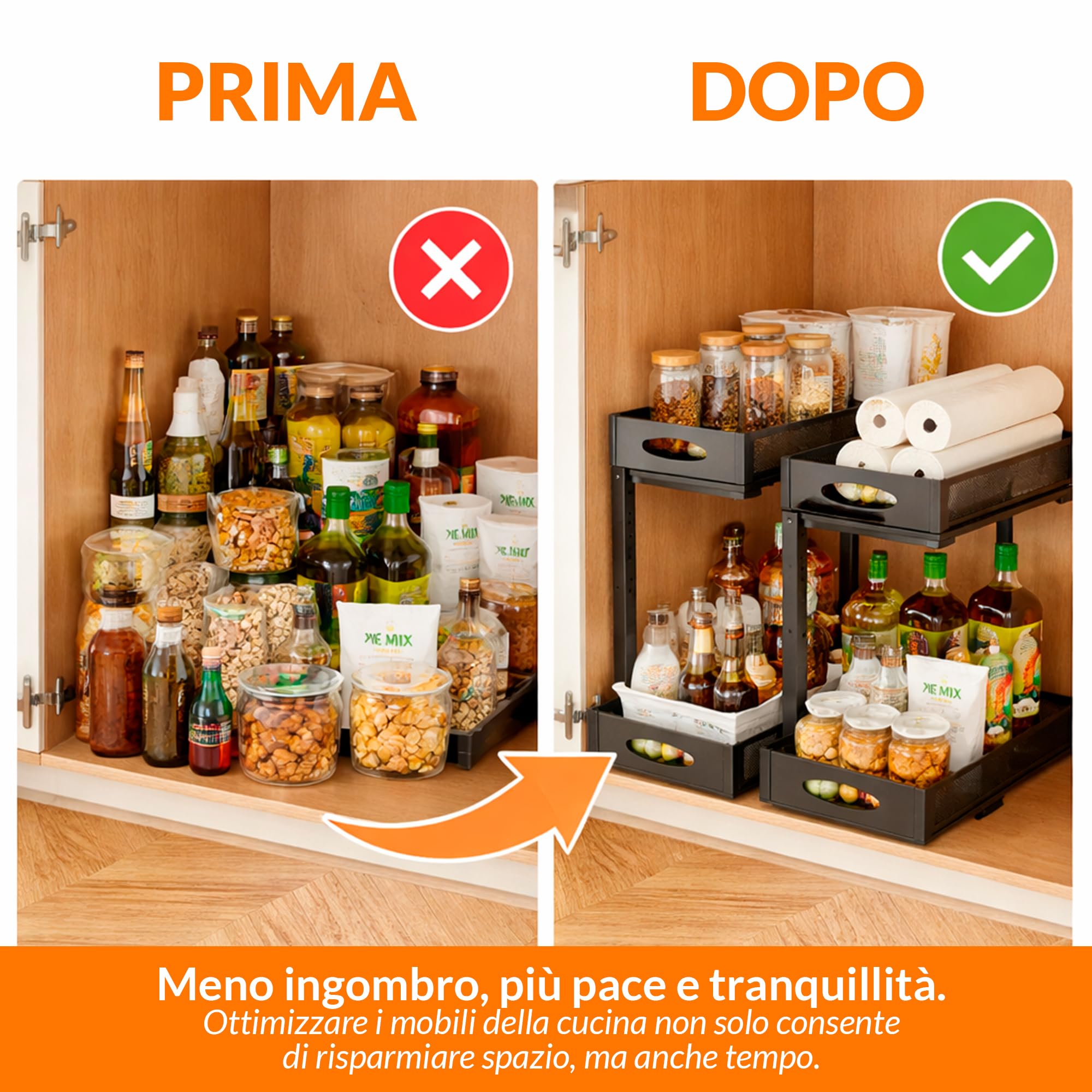 Organizzatore basso lavello per cucina o bagno - Organizer da cucina in metallo nero con doppia altezza e vassoi estraibili - Scaffale per riporre prodotti per la pulizia, dispensa e altro - Pack 2