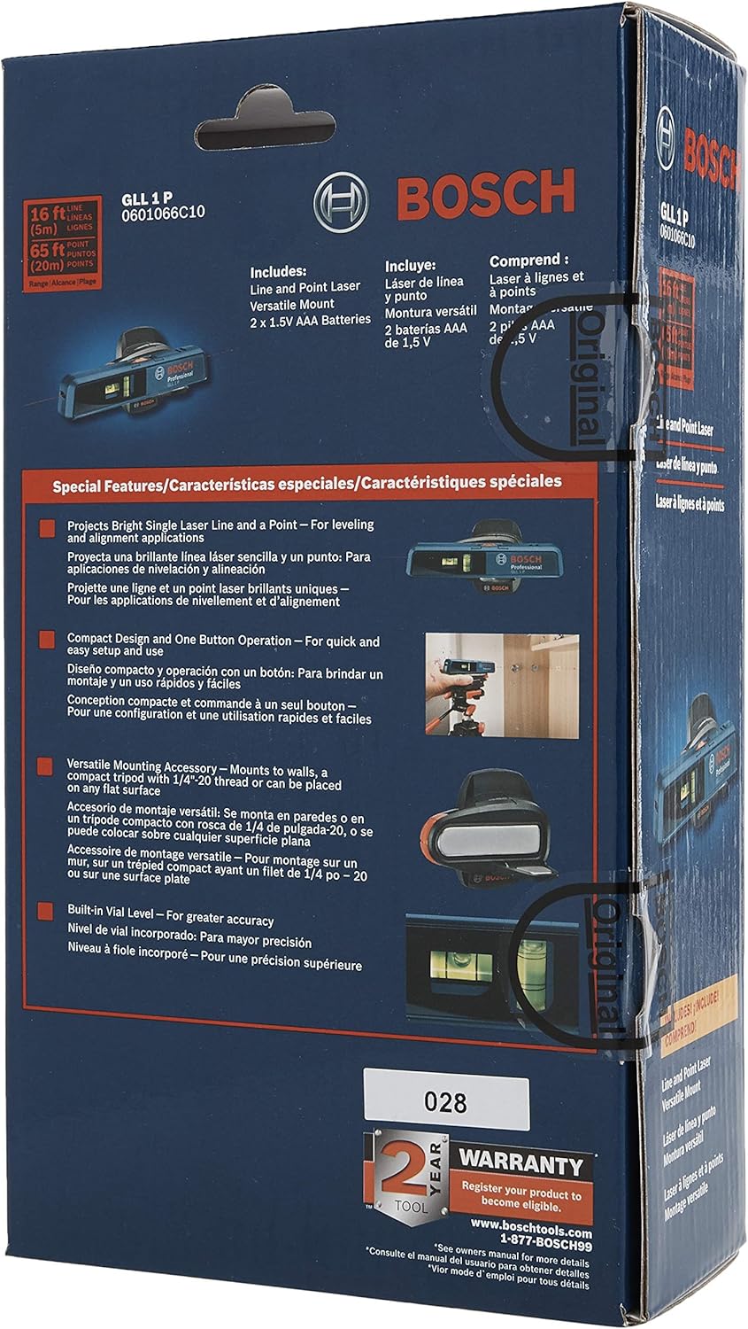 Bosch GLL1P 65ft Combination Point and Line Laser Level for Horizontal, Vertical or Angular Leveling Applications - - 