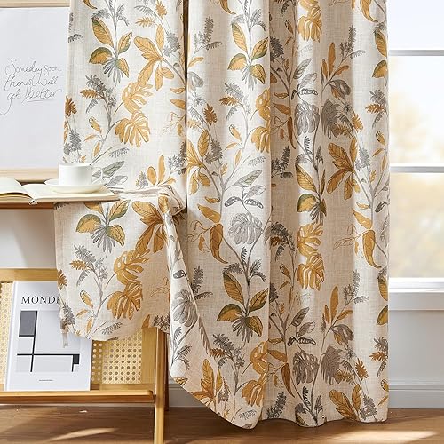 Miniatura 9 de jinchan Cortinas 100% opacas para dormitorio, cortinas de lino de 84 pulgadas de largo, estampado de hojas amarillas tropicales, tratamiento