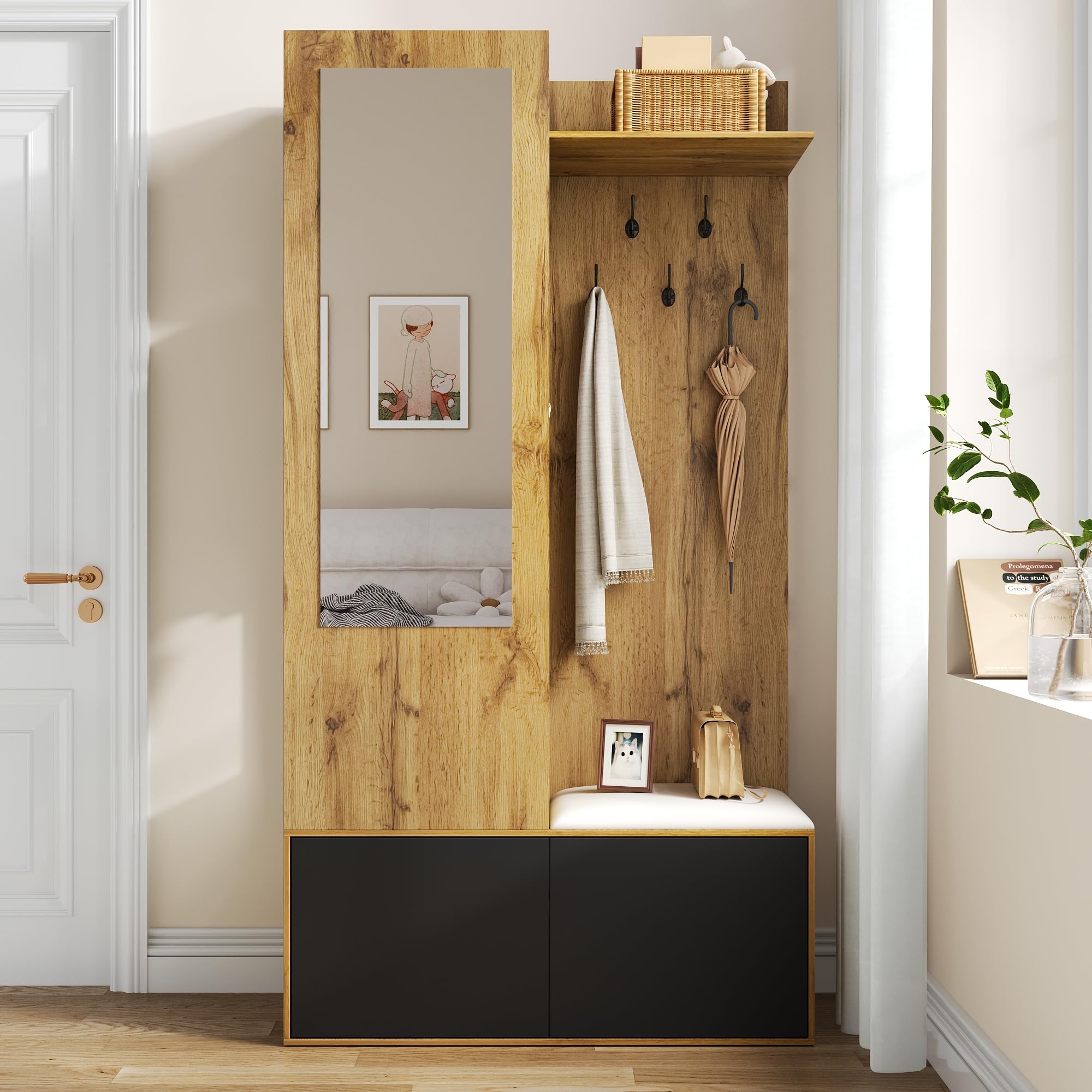 Armario Entrada con Espejo y Zapatero, Conjunto de Armario con Perchero y 5 Ganchos, Juego de Perchero con Estantes Superiores y Banco, Mueble de Entrad, 191x100x38 cm, Negro y Natural