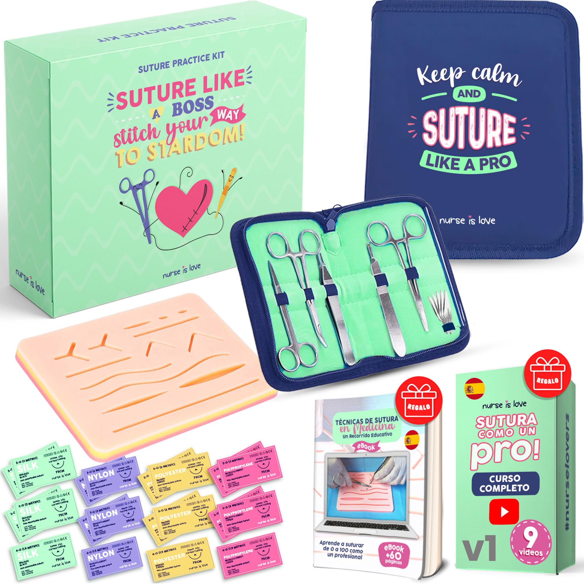 Nurse is Love Kit de Sutura para Practicar (30 piezas) con Estuche | Uso Educativo Ideal para, Estudiantes Medicina & Veterinaria + eBook + Video Curso HD | Regalo para Enfermera