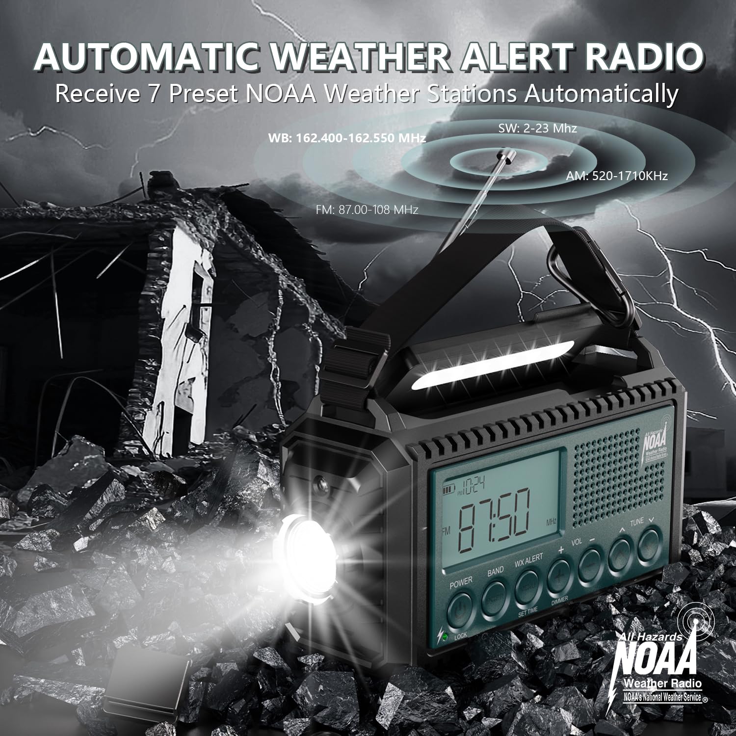 Radio meteo a manovella di emergenza con avvisi automatici NOAA e onde corte, 5000mAh | Ricarica solare, AM/FM/SW, torcia, lampada da lettura, allarme SOS, caricatore del telefono, orologio e ampio display LCD