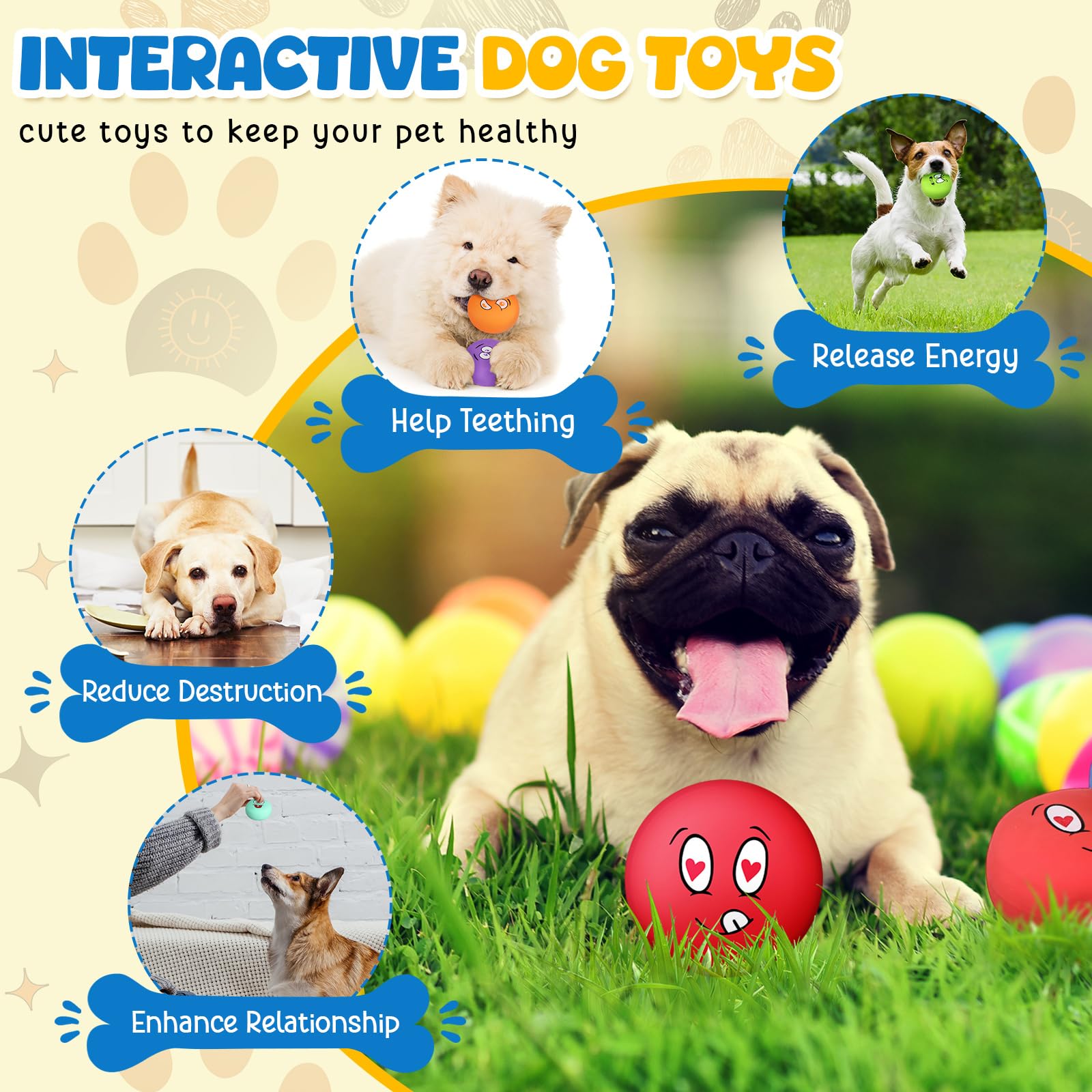 Hungdao 40 piezas de juguetes chirriantes para perros pequeños de goma de látex suaves bolas chirriantes a granel divertido cara chirriante juguetes interactivos para la dentición de cachorros perros