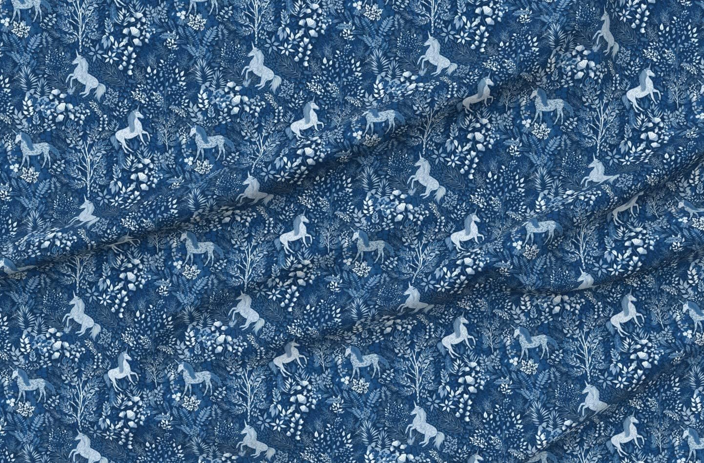 Spoonflower Fabric - Classic Blues Woodland Forest Magical Botanical Whimsical Woods Gingko Printed on Organic Cotton Sateen Fabric by The Yard - Sewing Quilting Apparel Home Decor