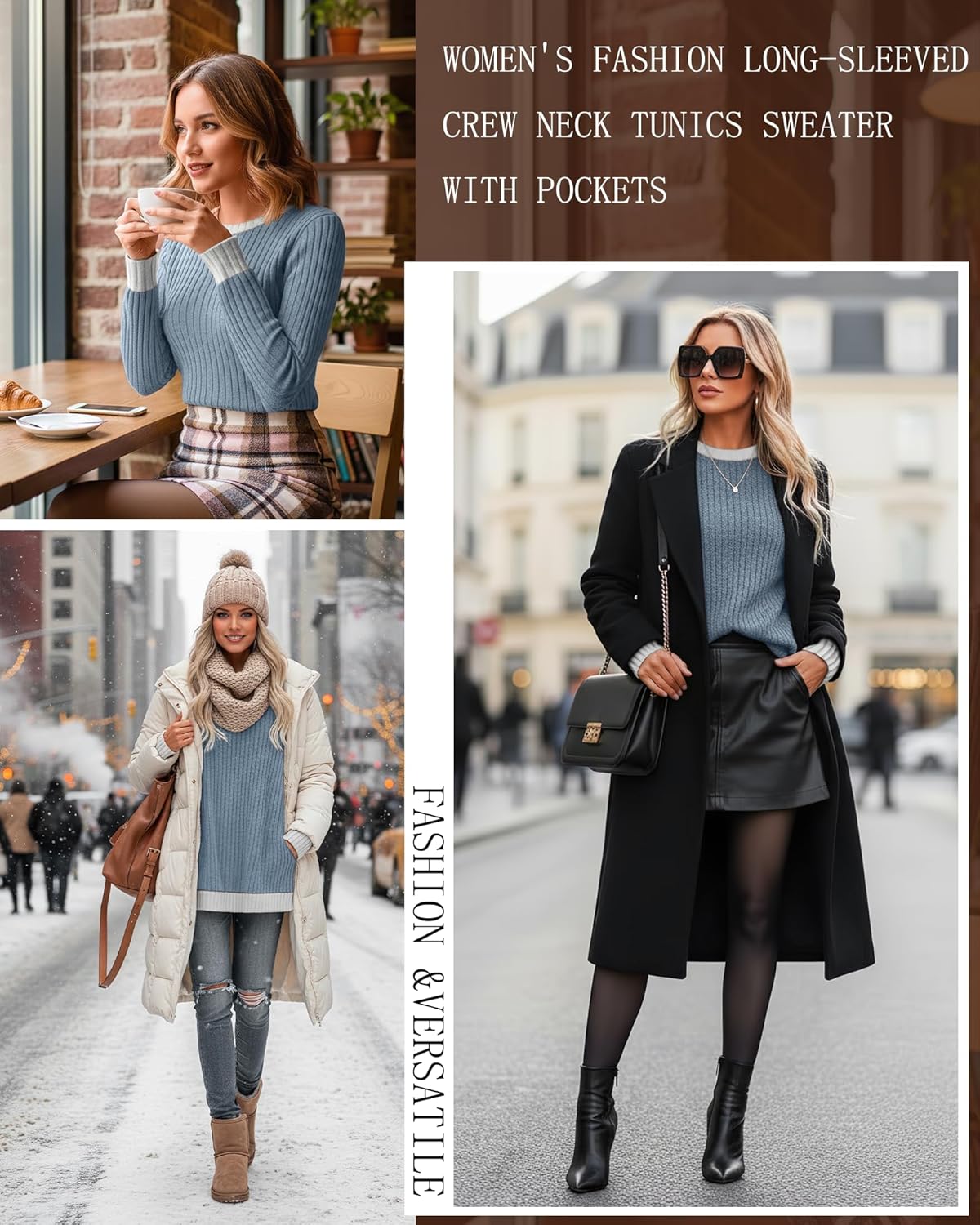 Women's Long Sweater to Wear with Leggings Lightweight Crew Neck Color Block Pullover Tunics Tops with Pocket - Image 4