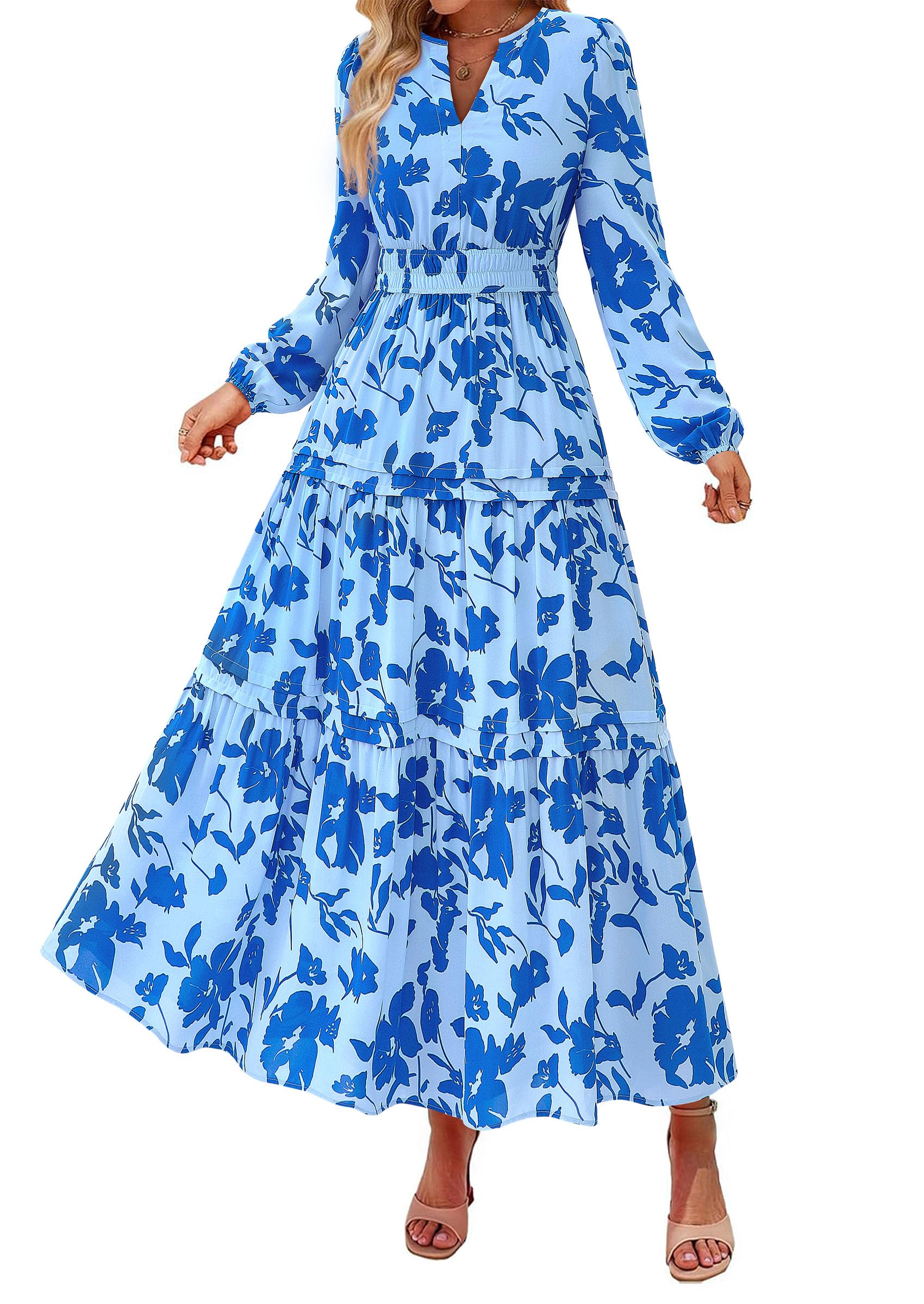 Photo 1 of PRETTYGARDEN Womens 2026 Fall Fashion Clothing Boho Maxi Dresses Floral Long Sleeve Flowy Elegant Wedding Guest Holiday Dress (Sky Blue,Large)
