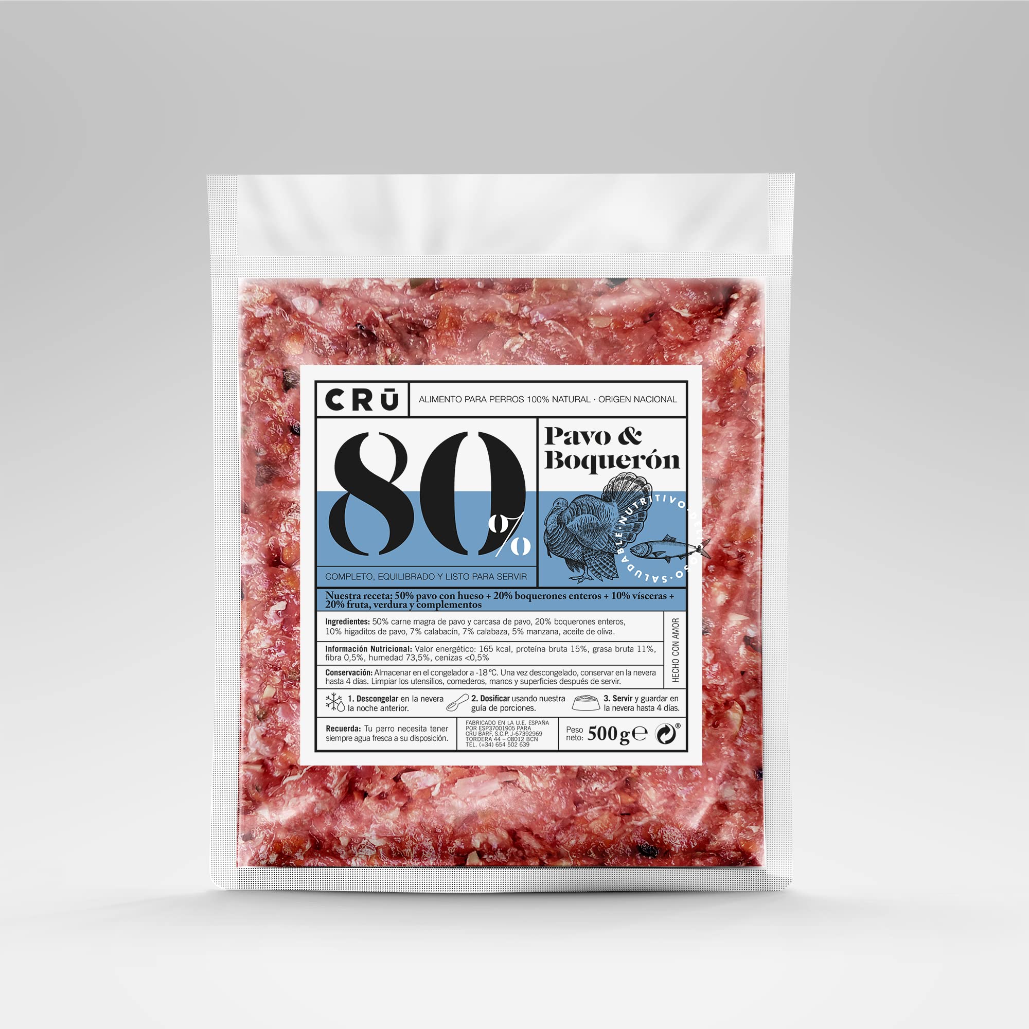 CRU - Dieta Barf para Perros de Pavo y Boquerón - Comida Natural Perros Cruda y Congelada - Comida para Perros Pequeños y Grandes - 10 Paquetes de 500g (10 Paquetes, Pavo & Boquerón)