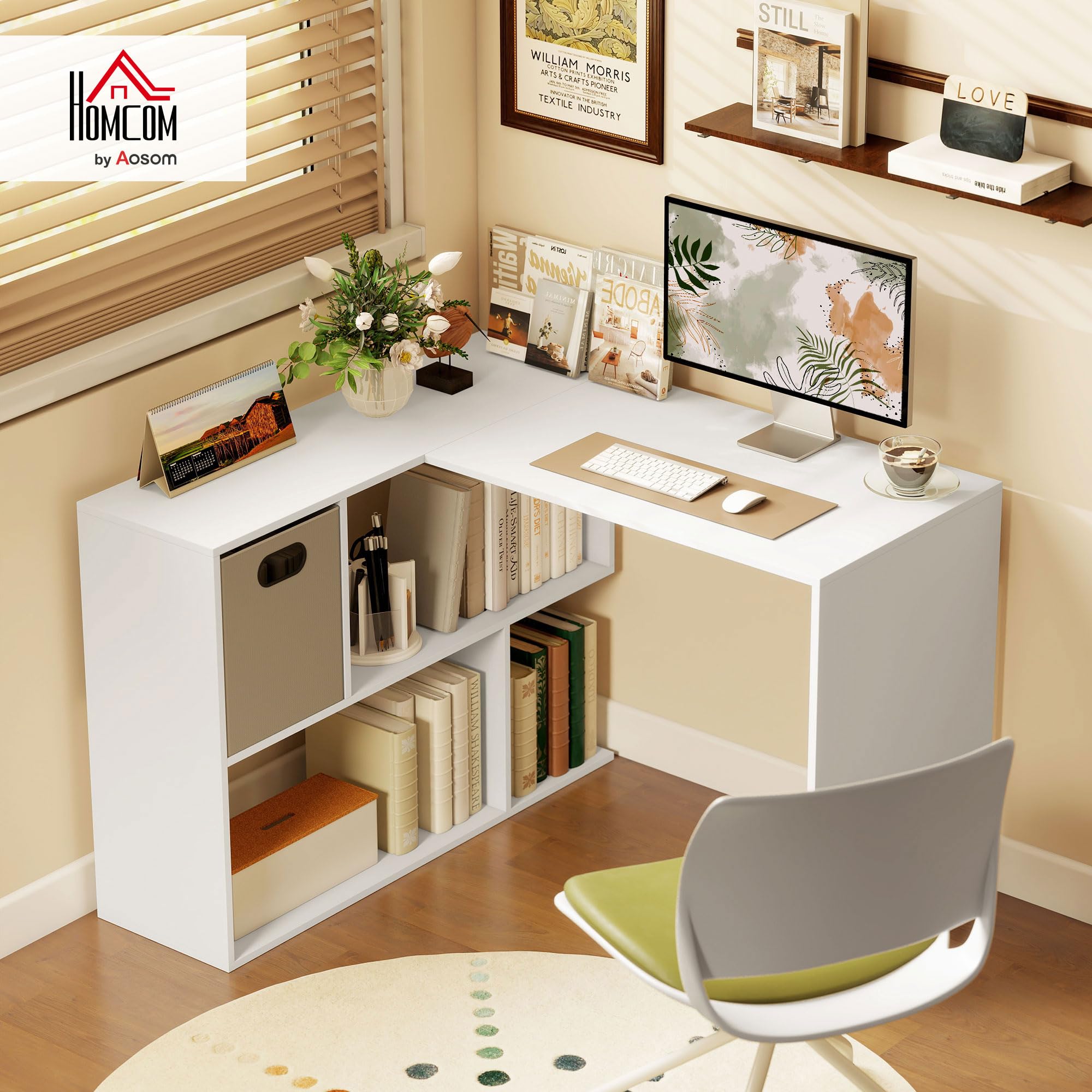 HOMCOM Scrivania Angolare per Computer 110x100 cm con Scaffale Bianco | Scrivania a L, Cassetto in Tessuto, Tavolo per PC, per Ufficio Studio e Camera da Letto, ad Angolo