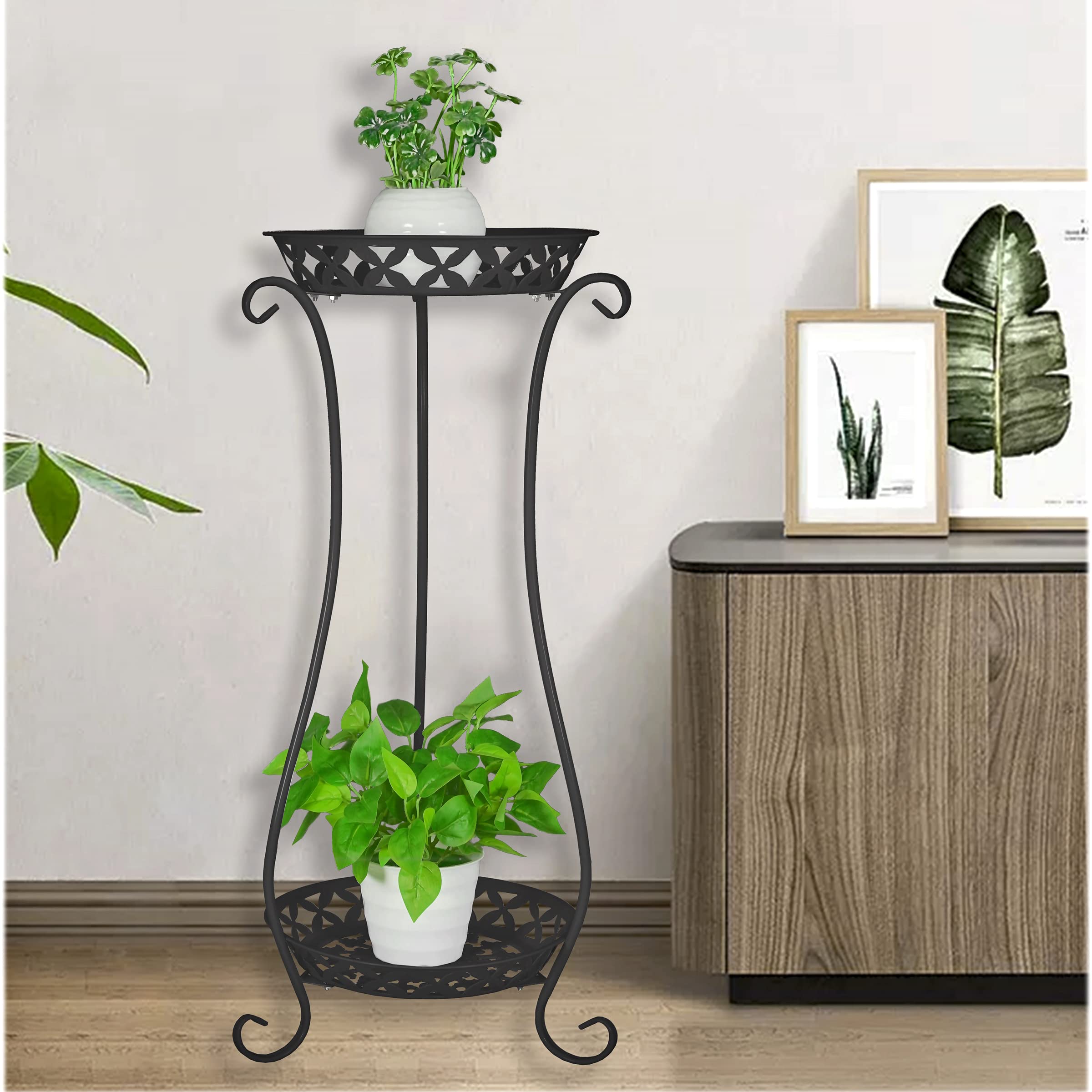 JEPRECO Plant Stand Shelf Set of 2 Indoor Outdoor, 2-Tier Flower Pot Holder Organizer Display Rack for Garden Balcony Patio Living Room (Black)
