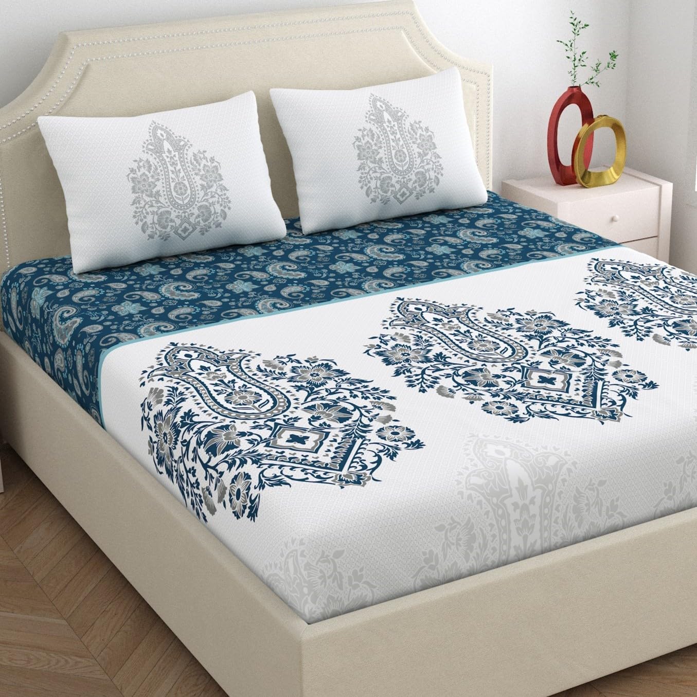 Dreamscape 100% Cotton Satin Double Bedsheet with 2 Pillow Covers | 200 TC Ethnic Blue for Double Bed (7.5ft X 8.2ft) (B0D8213F86) Amazon Price History, Amazon Price Tracker