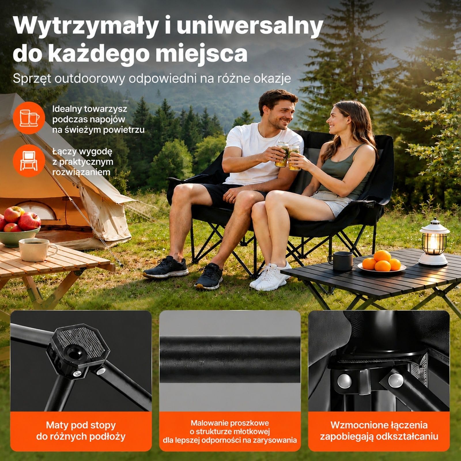 Składane krzesło kempingowe dla 2 osób, tkanina Oxford 600D, czarno-szare, uchwyty na napoje i czasopisma, torba, wędkowanie